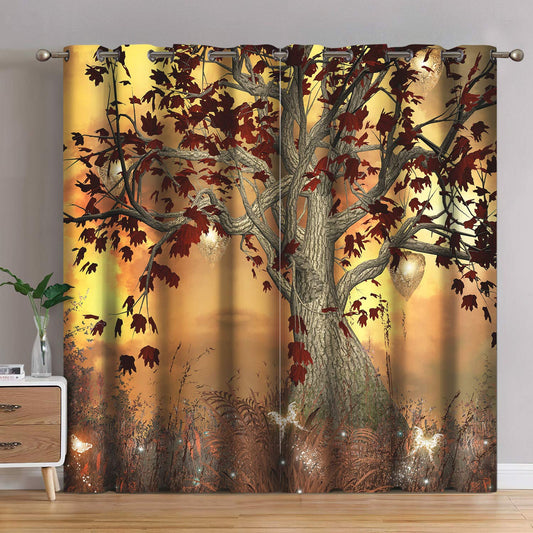 Jekeno Fall Tree Blackout Curtains Autumn Tree Room Decor Moonlight Butterfly Lantern Glittering Firefly Print Grommet Window Drape for Bedroom Living Room 2 Panel Set, 52"x84"