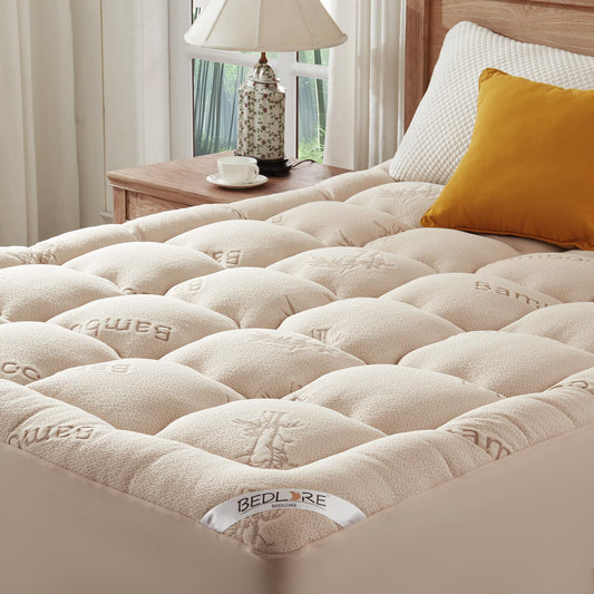 BEDLORE Queen Mattress Topper Viscose Derived from Bamboo, Thick Pillow Top Mattress Pad with Stretchable Pockets for 6-18 inches Mattress, Soft Mattress Topper for Back Pain Relief(Beige)