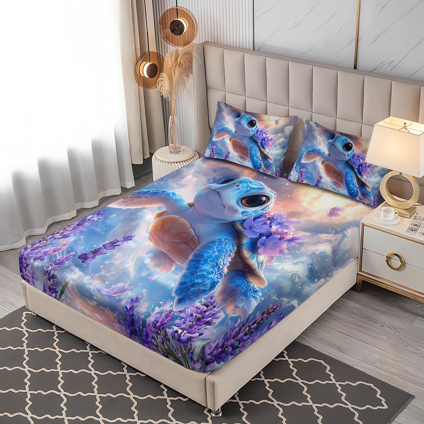UEVBF Kids Sea Turtle Fitted Sheet Set Full Size,Dream Sky Purple Lavender Bedding for Boys Girls Teens Bedroom Decor,Coastal Bedding Sets,1 Fitted Sheet+2 Pillowcases.