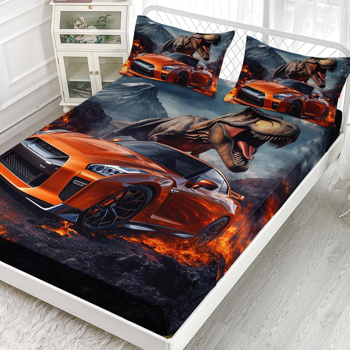 AILONEN Boys Racing Car & Dinosaur Bedding Set Twin Size,3-Piece Soft Kids Cool Dinosaur Speed Car Fitted Sheet with 2 Pillowcases
