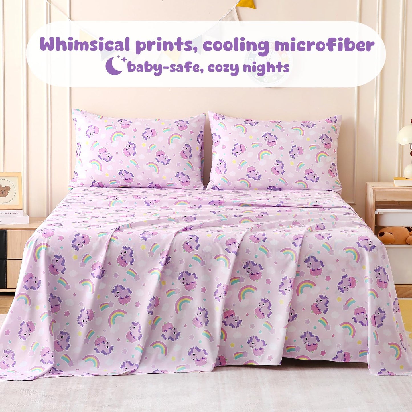 LONAVA Twin Sheet Set Kids - 3 Pieces Soft Microfiber Cartoon Style Bedsheets for Boys Girls Teens, Oeko TEX, Breathable Deep Pocket Sheets (Purple Unicorn)