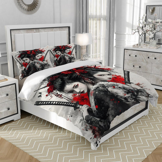 RICQLESC Sword Female Samurai Duvet Cover and 2 Pillow, Japanese Kimono Geisha Asian Sexy Women Anime Comforter Set, Kids Boys Girls Bedding 3 Pieces, King Size 104x90 inch