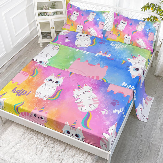 Axolotl Cat Sheet Twin Size,Kawaii Cartoon Cat Sheets Set 4Pcs,Cute Rainbow Flat Sheet,Cute Animal Printed Bed Set with 1 Fitted Sheet 1 Flat Sheet 2 Pillowcases,Pink Blue