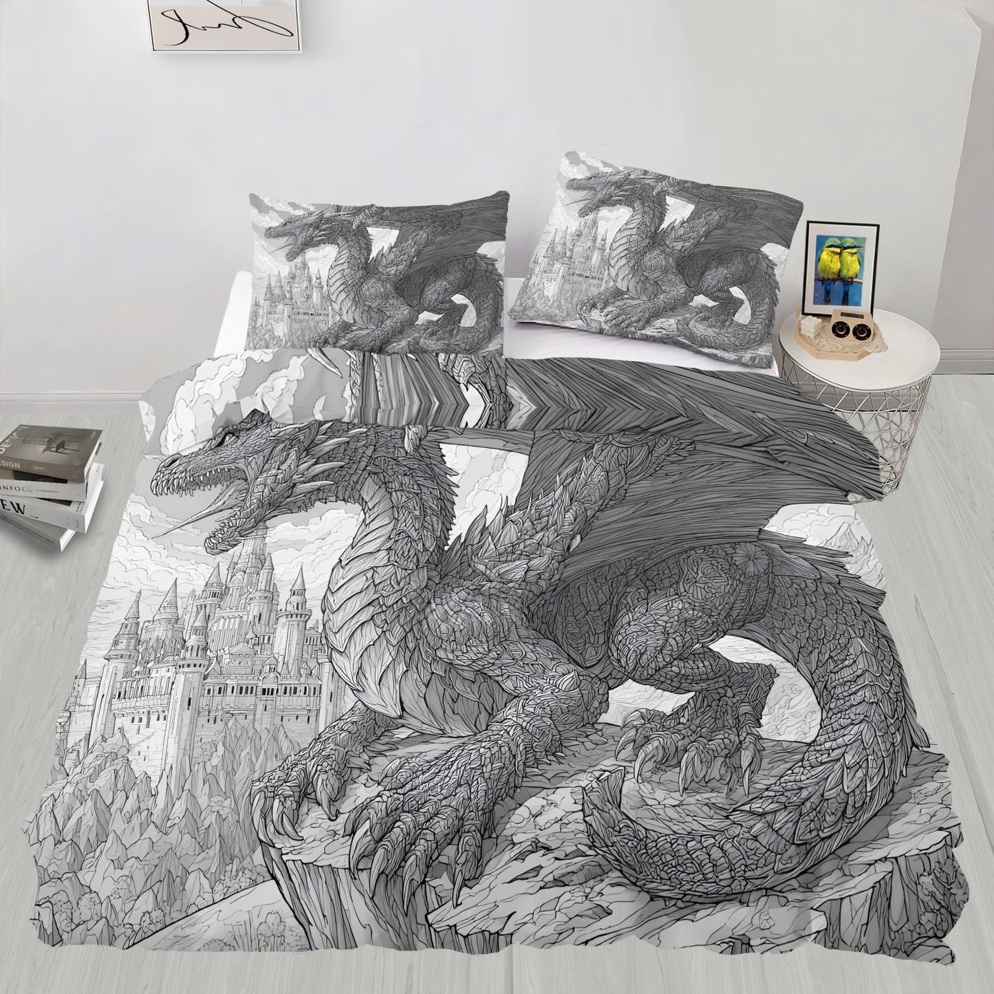 Dragon Duvet Cover Set Twin Size for Teen Boys Adult, Black and White Line Art Dragon Bedding Sets 3 Pieces Bedroom Decorative Bedspread for Men, Fantasy Art Animal Duvet Cover with 2 Pillowcases