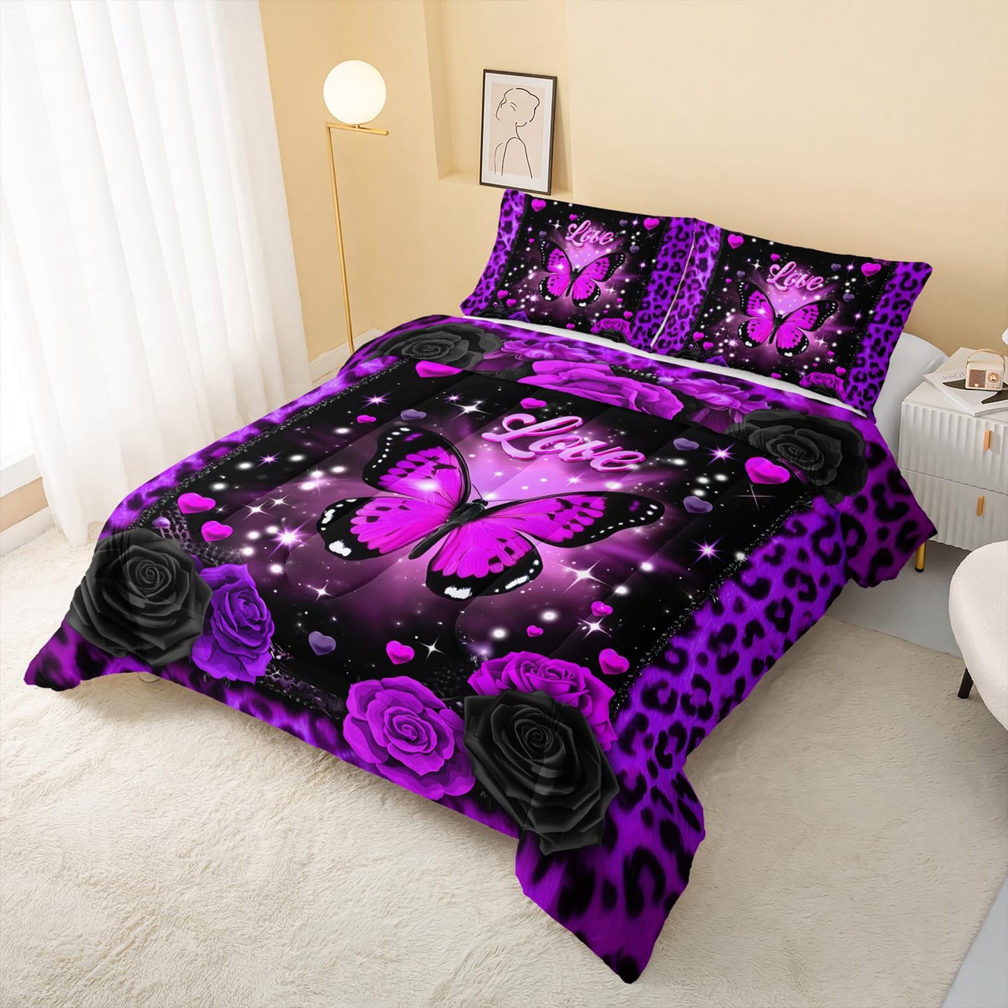 QOOMO 3Pcs Leopard Print Comforter Set Queen Size,Cartoon Butterfly Bedding Set for Teens Boys Girls,Purple Comforter with 2 Pillowcases,Soft and Lightweight