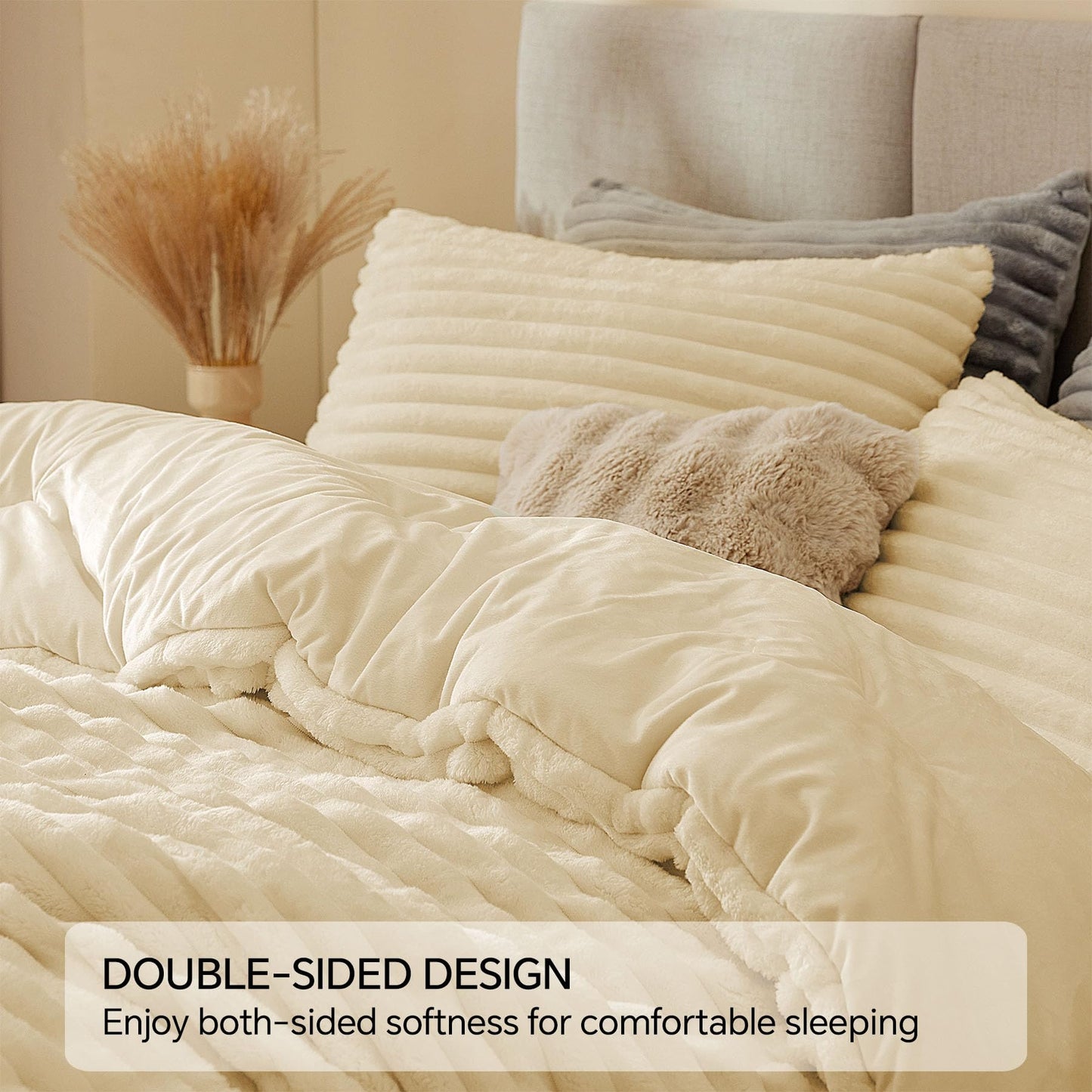 BEDELITE Fleece Queen Comforter Set -Super Soft & Warm Fluffy Beige Bedding, Luxury Fuzzy Heavy Bed Set for All Season with 2 Pillow Cases