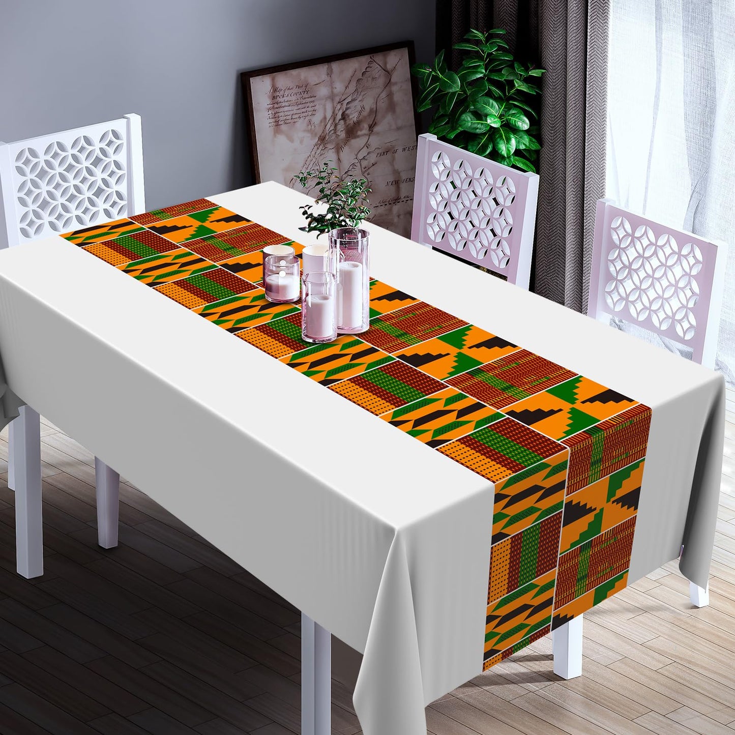 Oudain 6 Pcs 54" x 108" Kente Plastic Tablecloths Black History Month Table Covers Juneteenth Tablecloths Disposable African American Table Decorations for Kwanzaa Home Decor(White,Fresh)