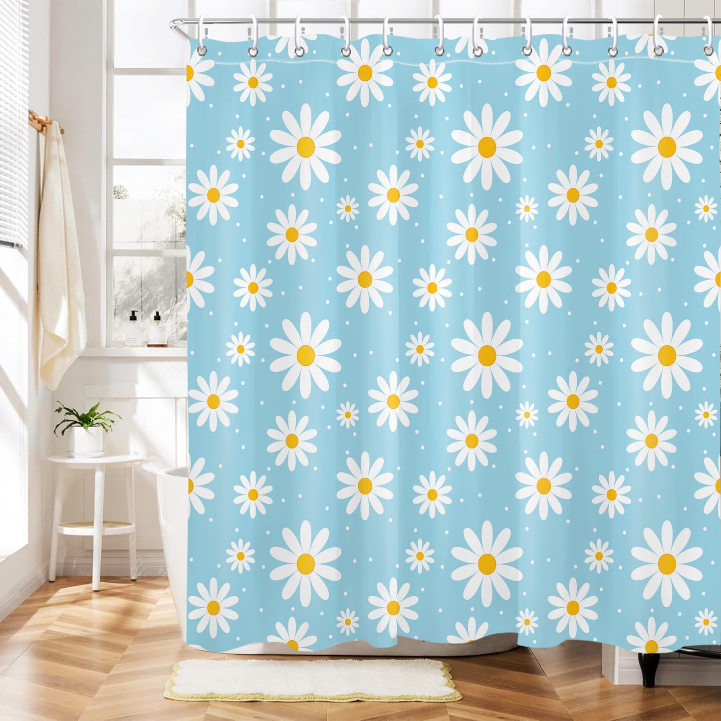 Mayormyth Shower Curtain Blue Floral Cute Daisy Bathroom Curtains for Girls Bathroom Decor Boho Retro Shower Curtain Set Polyester Waterproof Cloth Fabric with Hooks