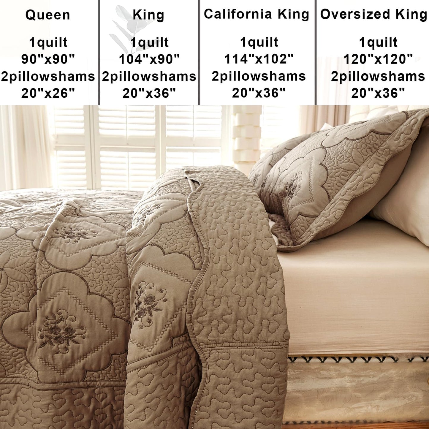 Cmfshape Floral Embroidery Quilt Set,3 Pieces Queen Quilt Bedding Set,Classic Diamond Pattern Quilts,Ultra Soft Lightweight Reversible Bedspread Coverlets for All Season(Taupe,90"x90")
