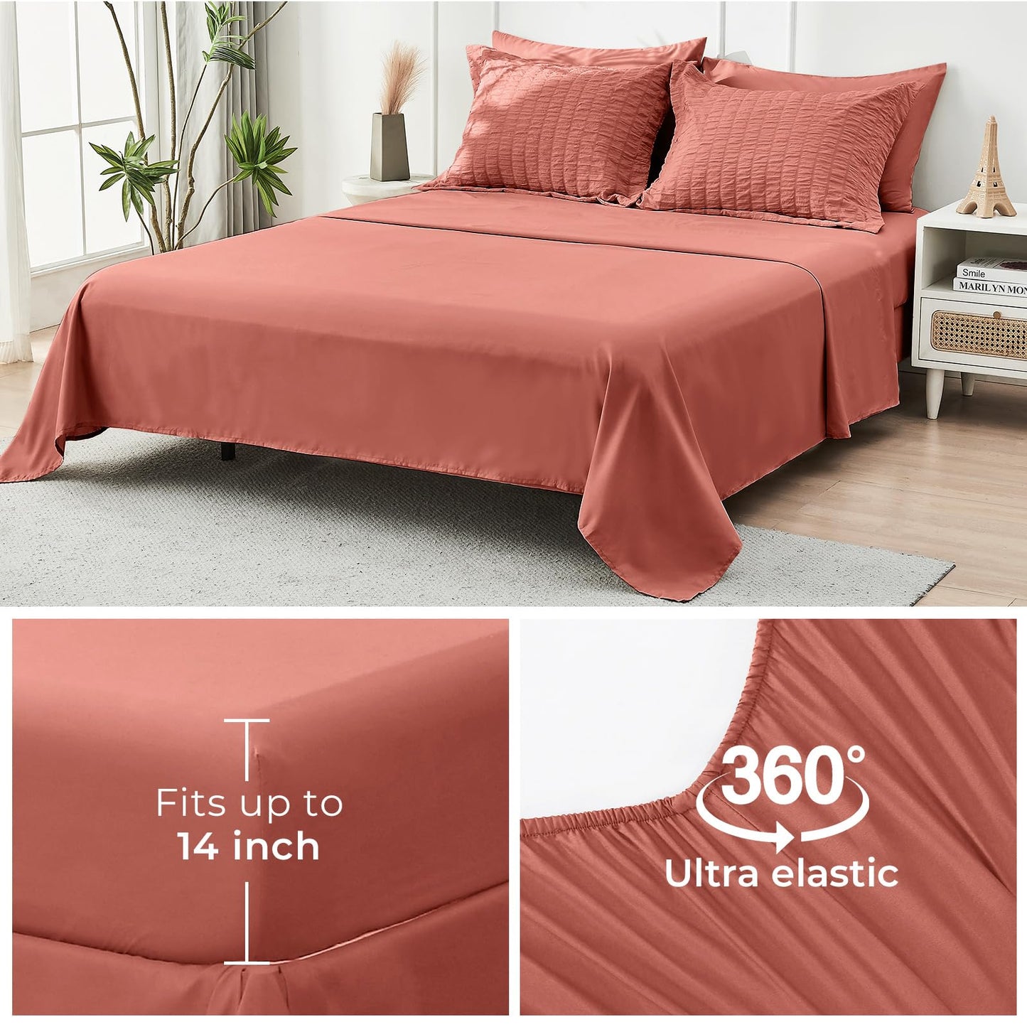 HYMOKEGE Coral Oversized Queen Comforter Set Seersucker 7 Pieces, All Season Luxury Bed in a Bag for Bedroom, Bedding Set with Comforter, Sheets, Pillowcases & Shams
