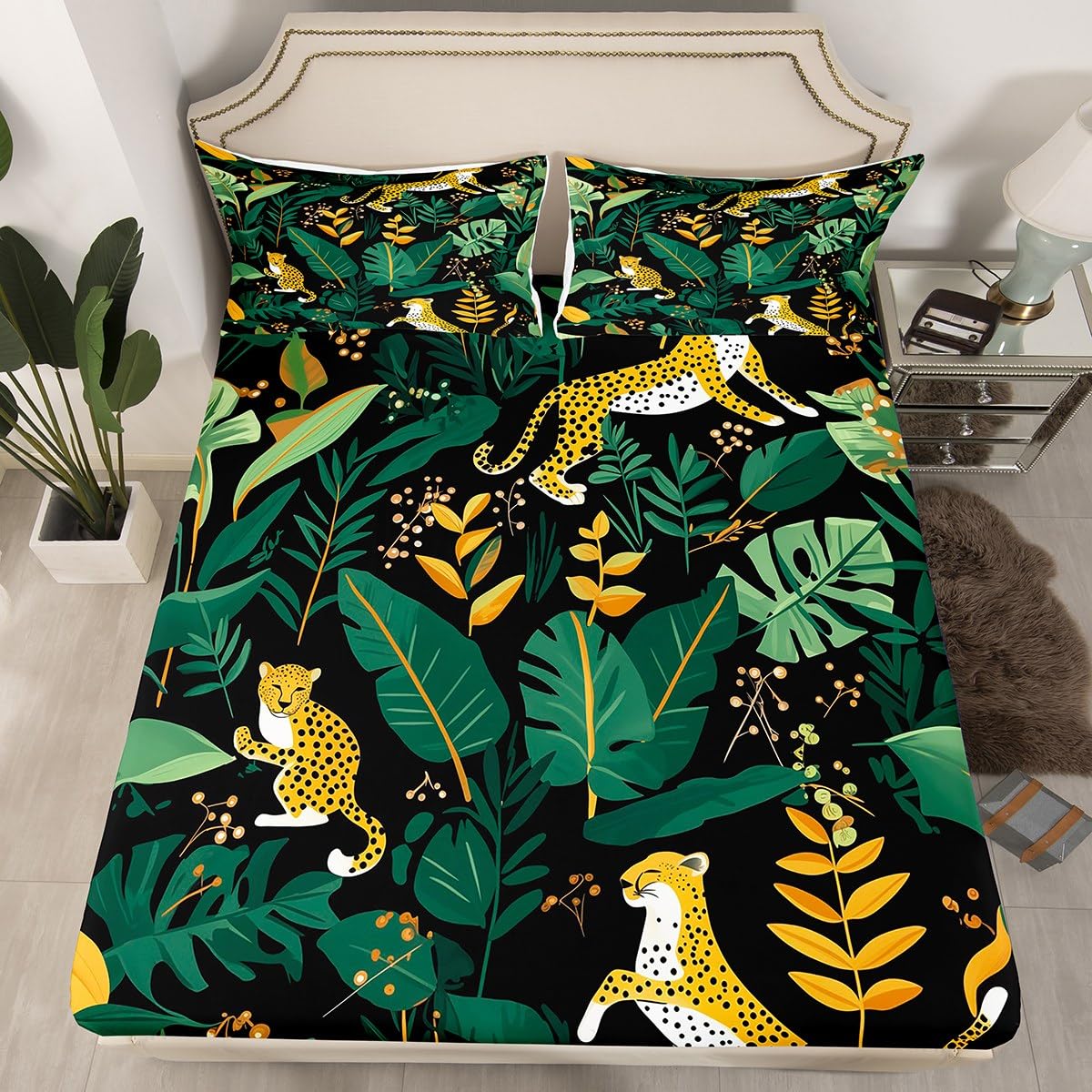Feelyou Cheetah Fitted Sheet Queen Size Leopard Bed Sheet Set for Boys Teens Decor Tropical Leaves Bedding Set Safari Bed Cover Bedroom Animal Print Bed Set 3Pcs