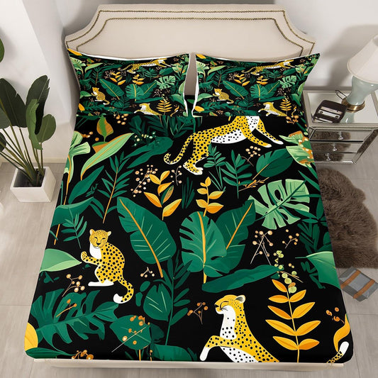 Feelyou Cheetah Fitted Sheet Queen Size Leopard Bed Sheet Set for Boys Teens Decor Tropical Leaves Bedding Set Safari Bed Cover Bedroom Animal Print Bed Set 3Pcs