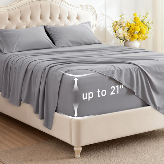 Bedsure Deep Pocket Queen Sheets Set - Fits Mattresses Up to 21 Inches Thick - 4 Piece GentleSoft Bed Sheets, Moisture Wicking, Soft & Cooling Bedsheet & Pillowcases, Easy & Secure Fit, Light Grey