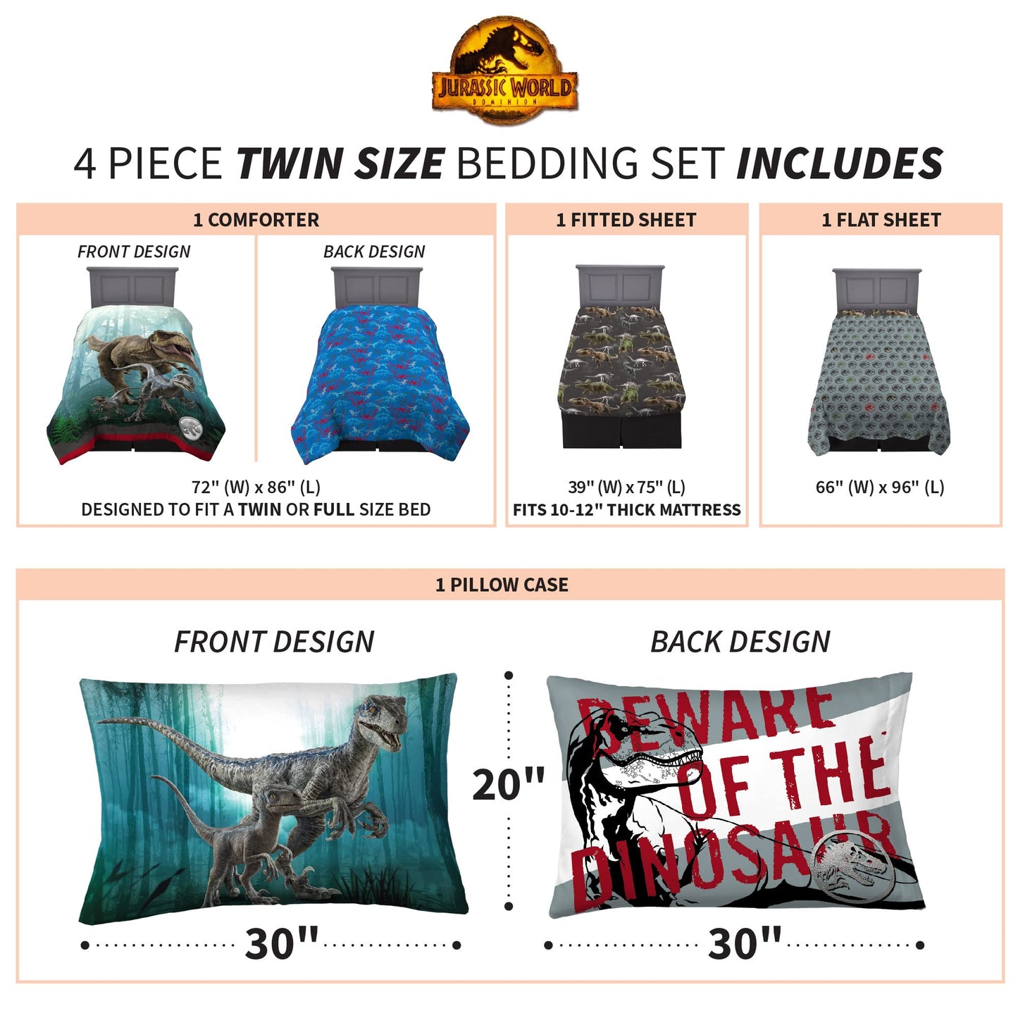 Jurassic World Dominion Blue Velociraptor and Rexy T-Rex Super Soft Microfiber Reversible Comforter, Twin Size, Bedding by Franco Kids