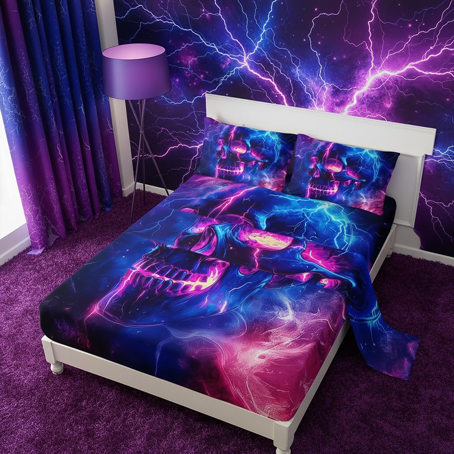 QOOMO Skull Kids Sheets Full Size,Human Skeleton 16" Deep Pocket Bed Sheet Set,Galaxy Printed Bedroom Decor Bedding Set Soft and Breathable for Boys/Girls/Kids/Teens