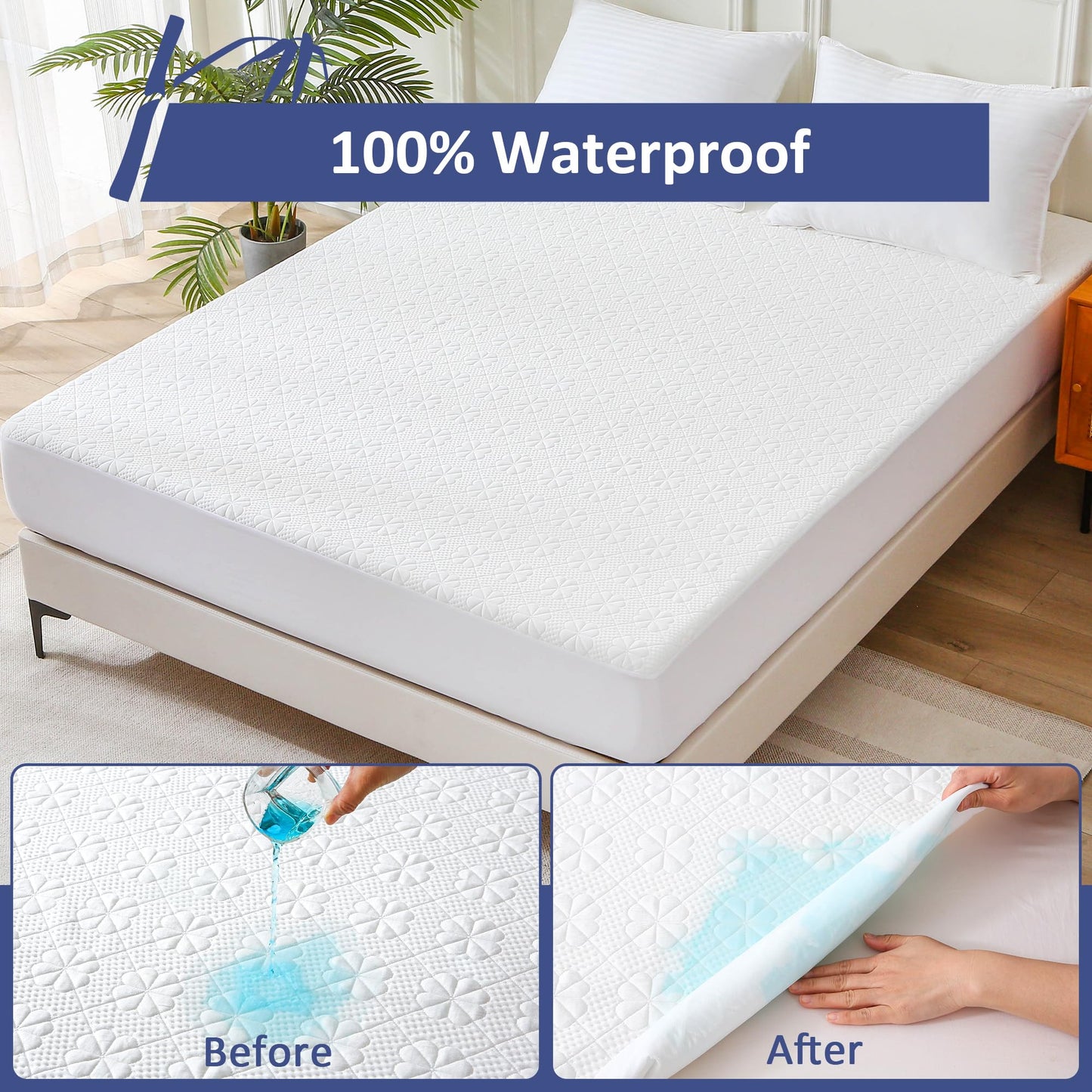 KUTUU Bamboo Viscose Queen Size Waterproof Mattress Protector, Cooling Mattress Pad Cover for Queen Size Bed, Super Soft Queen Size Mattress Cover for 6-18 inches Mattress, White