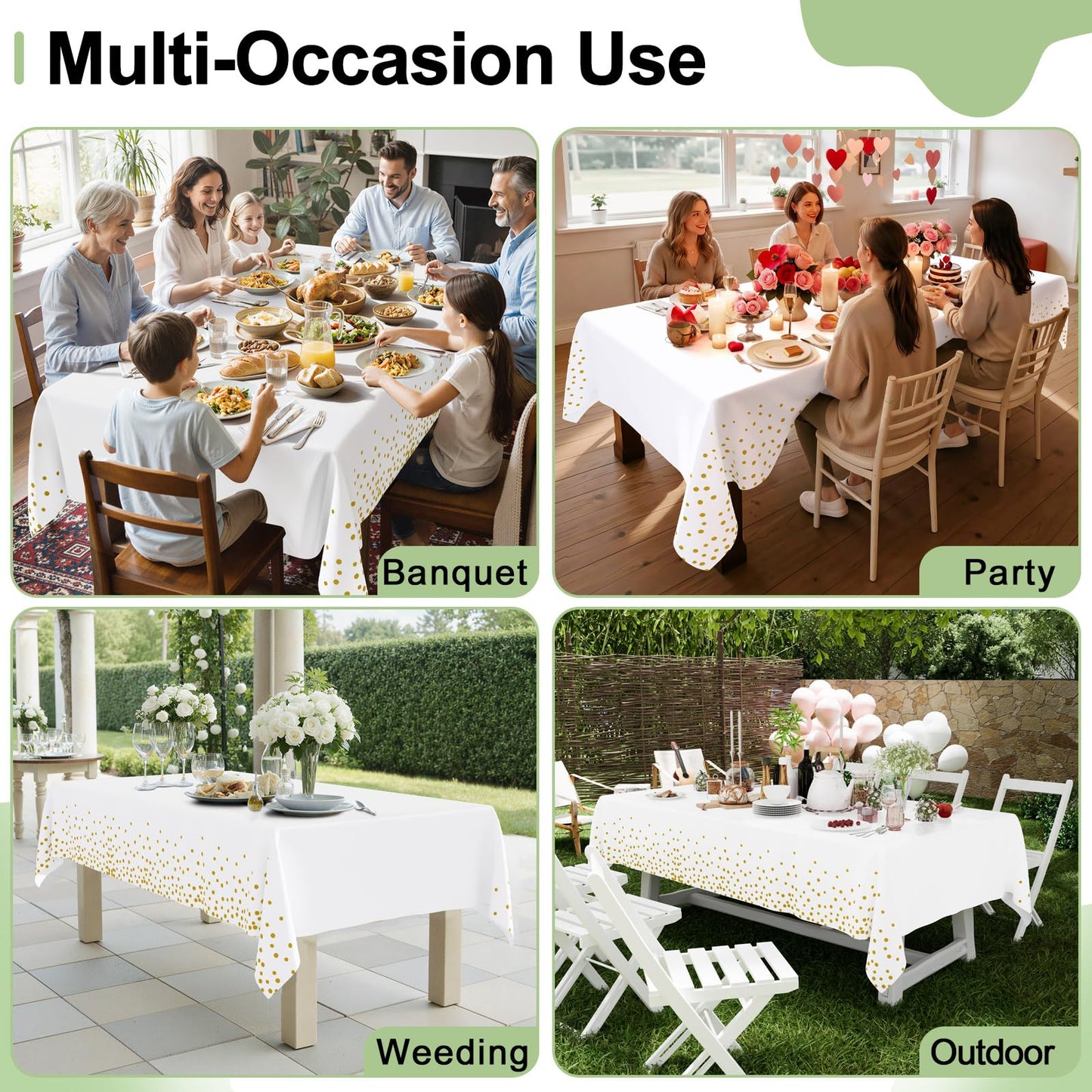 Smiry 3 Pack Dot Disposable Tablecloth, 54 x 132 Inch Waterproof Plastic Table Cloth, Decorative Table Covers for Picnic, Birthday, Party, Outdoor, Gold in White