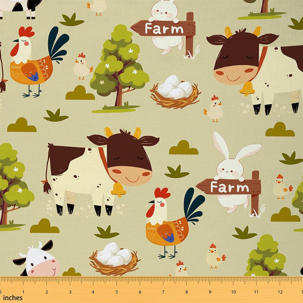 Cartoon Cow Fabric by The Yard Cute Chicken Rabbit Farm Animals No Stretch Sewing Fabric Watercolor Green Trees Rustic Farmhouse Soft Flannel Polyester Fabric for DIY Projects 1 Yard Pre-Cut,36x59