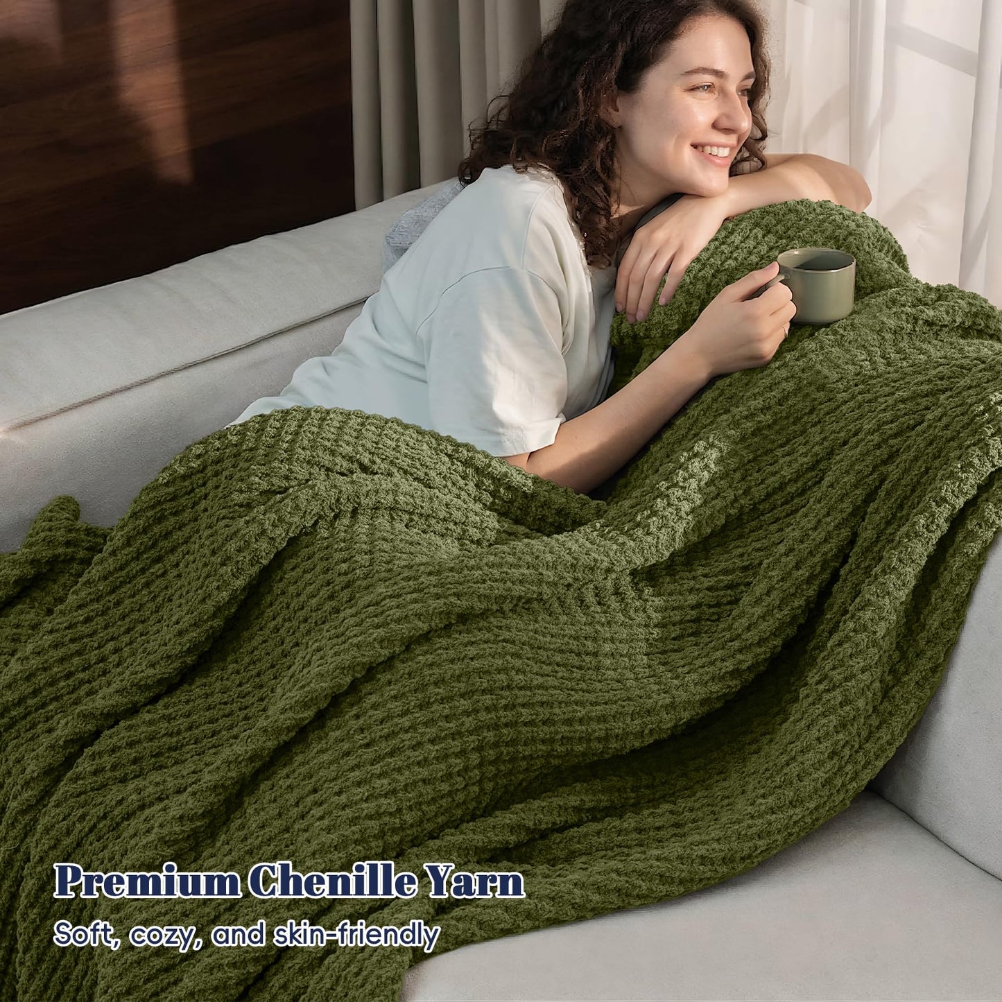 PHF Chenille Waffle Knit Throw Blanket- Plush Warm & Cozy 50" x 60" Ultra Soft Blanket- Chunky Fluffy Waffle Throws for Couch Bed Sofa - Olive Green