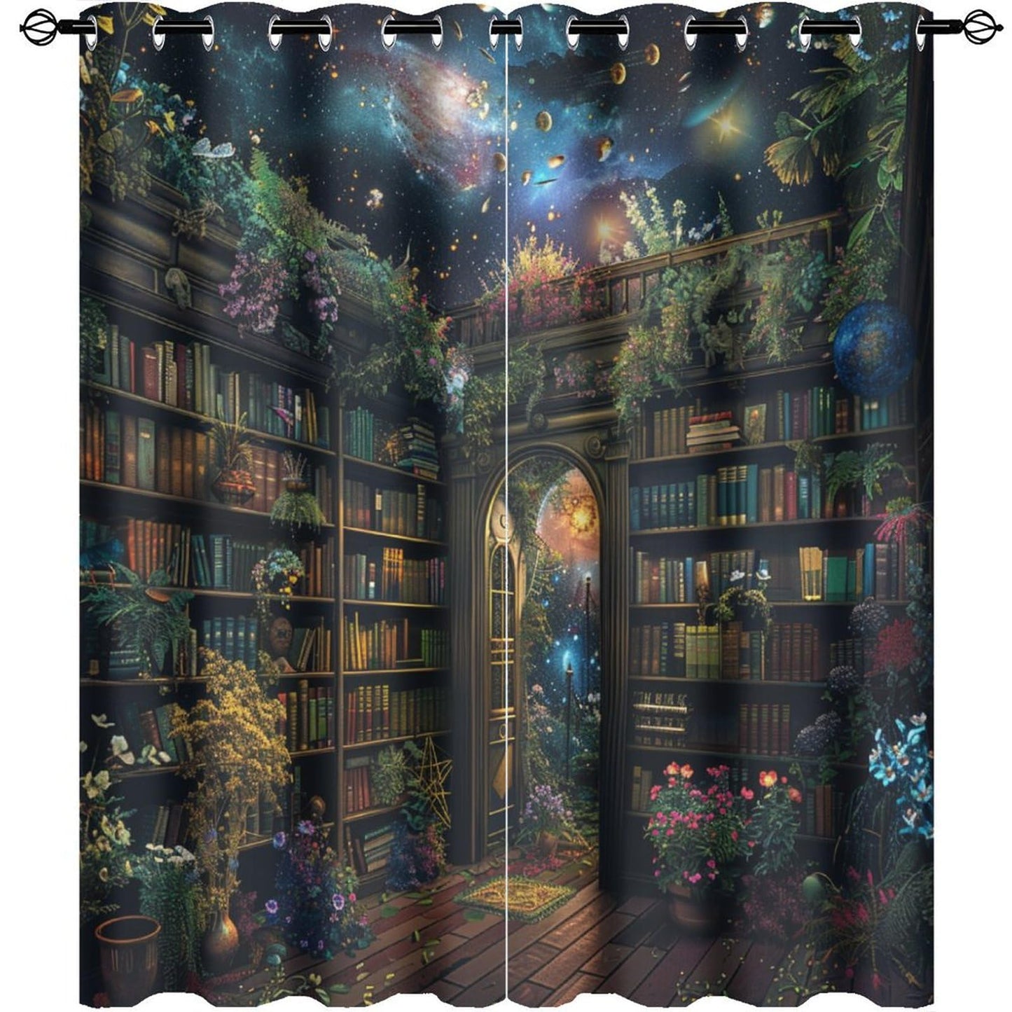 HDESDIS Bookshelf Fantasy Grommet Blackout Curtains for Bedroom, Mystical Space Star Library Thermal Insulated Curtains Room Darkening Window Drapes, 21W x 45L, 2 Panels