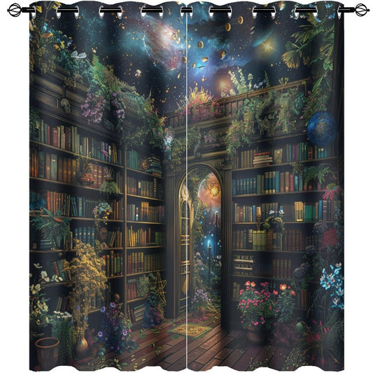 HDESDIS Bookshelf Fantasy Grommet Blackout Curtains for Bedroom, Mystical Space Star Library Thermal Insulated Curtains Room Darkening Window Drapes, 21W x 45L, 2 Panels