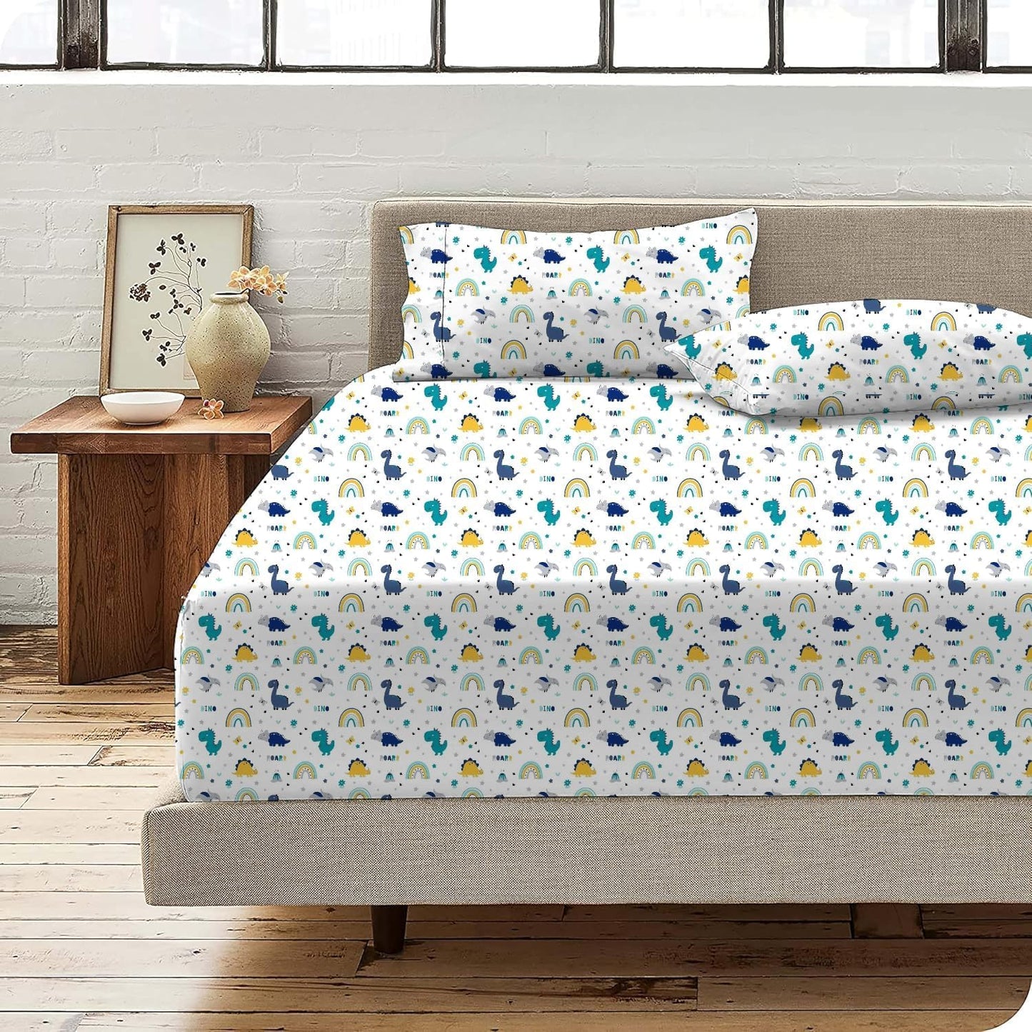 KRISHNA 4 Piece Printed Sheets Set, Hotel Luxury Brushed Microfiber, Soft & Breathable, 12" Deep Pocket Fitted Sheet, Twin Size Sheet Set, Dino World