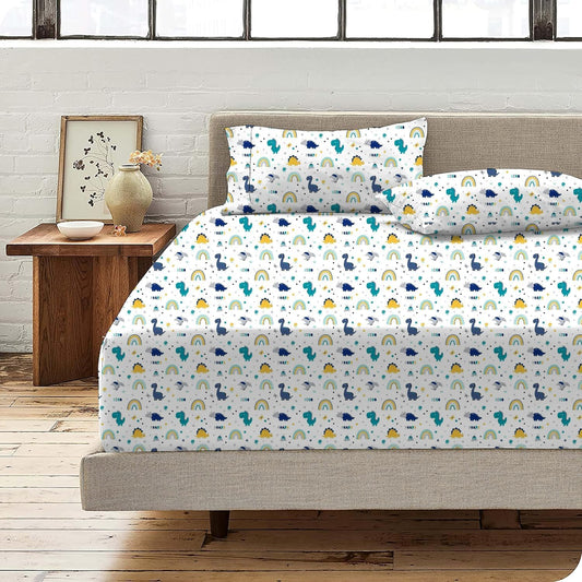 KRISHNA 4 Piece Printed Sheets Set, Hotel Luxury Brushed Microfiber, Soft & Breathable, 12" Deep Pocket Fitted Sheet, Twin Size Sheet Set, Dino World