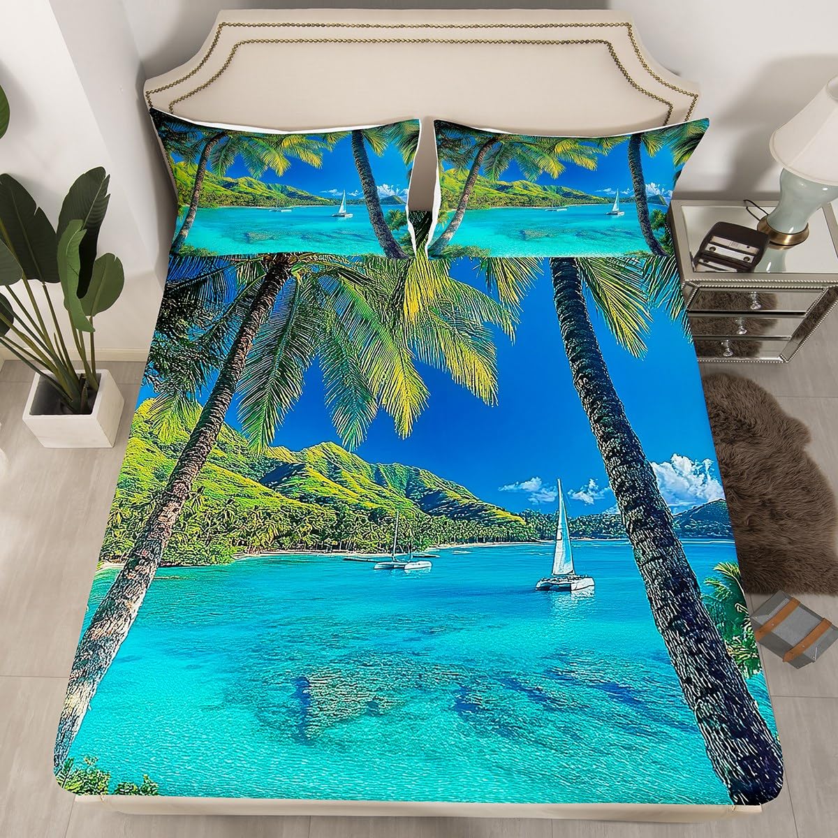 jejeloiu Beach Theme Fitted Sheet Full Size Kids Palm Leaf Bed Sheets Set for Boys Girls Teens Sailboat Summer Sea Ocean Wave Natural Scenery Bedding Set Room Decor
