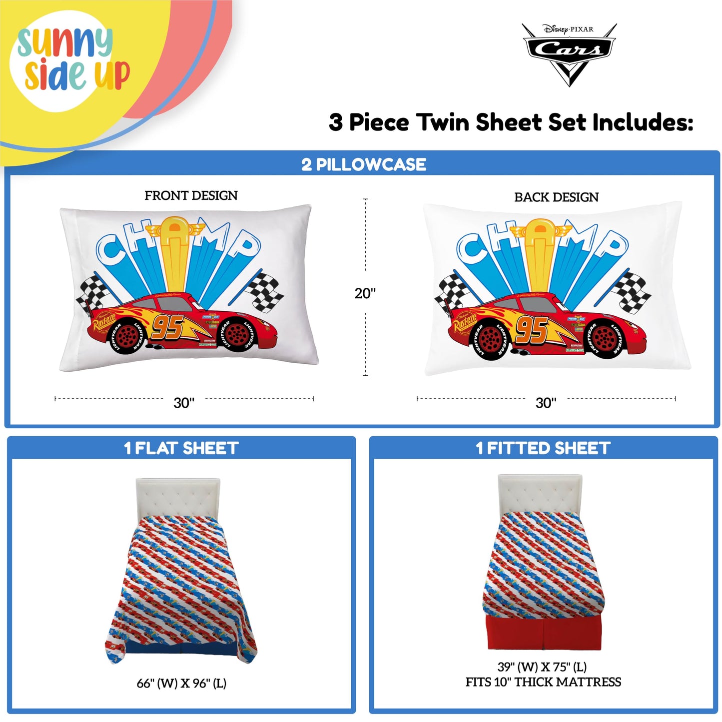 Sunny Side Up Disney Pixar Cars Lightning McQueen Twin Sheet Set - 3 Piece Kids Racecar Bedding Set Includes Pillow Cover - Super Soft Microfiber Sheets