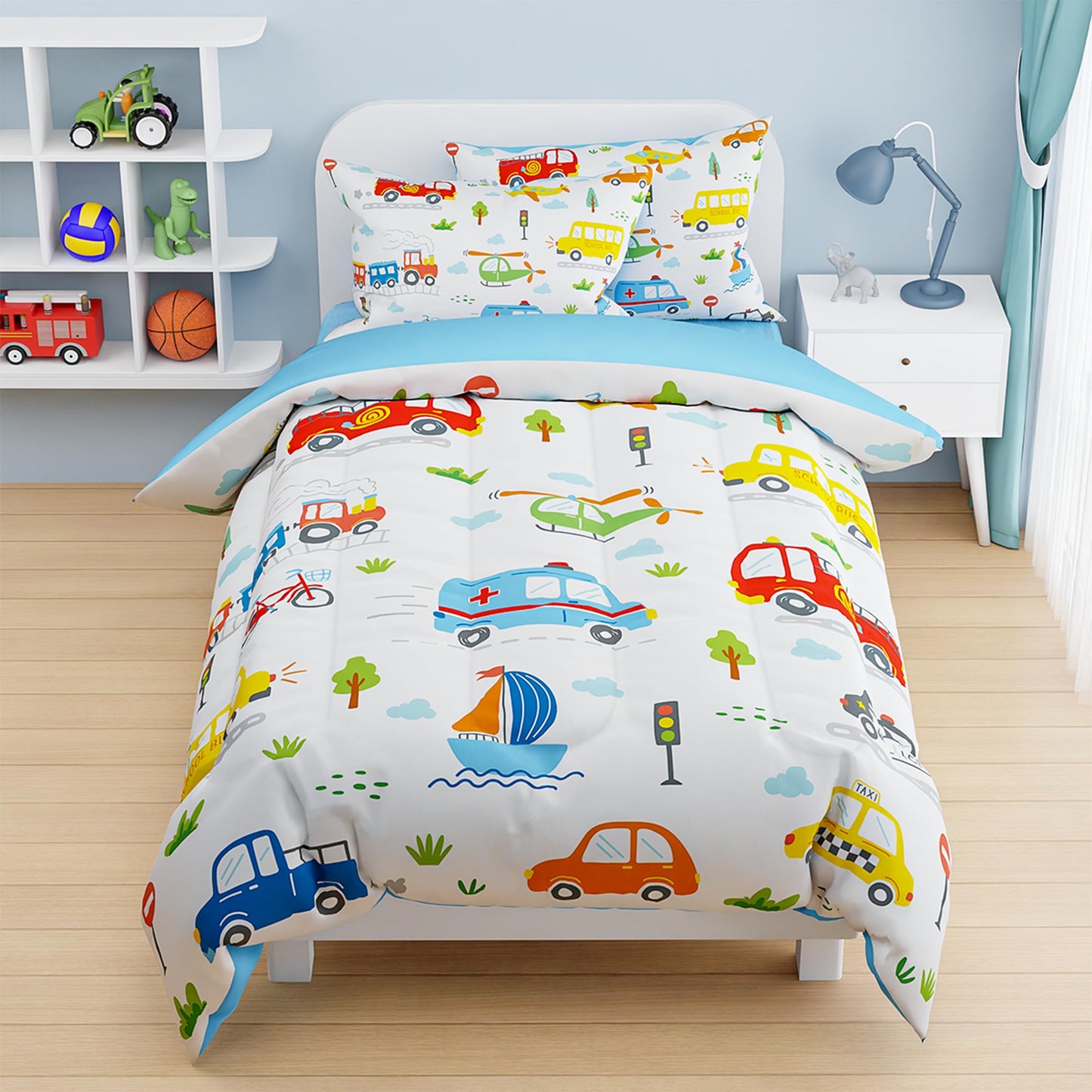 SANDJEST Transportation Duvet Cover Sets Full Size for Kids Boys, Incude 1 Polyester Comforter Cover 80x90 Inches and 2 Pillowcases 20x26 Inches, Comforter Not Included, Gift for Christmas Birthday