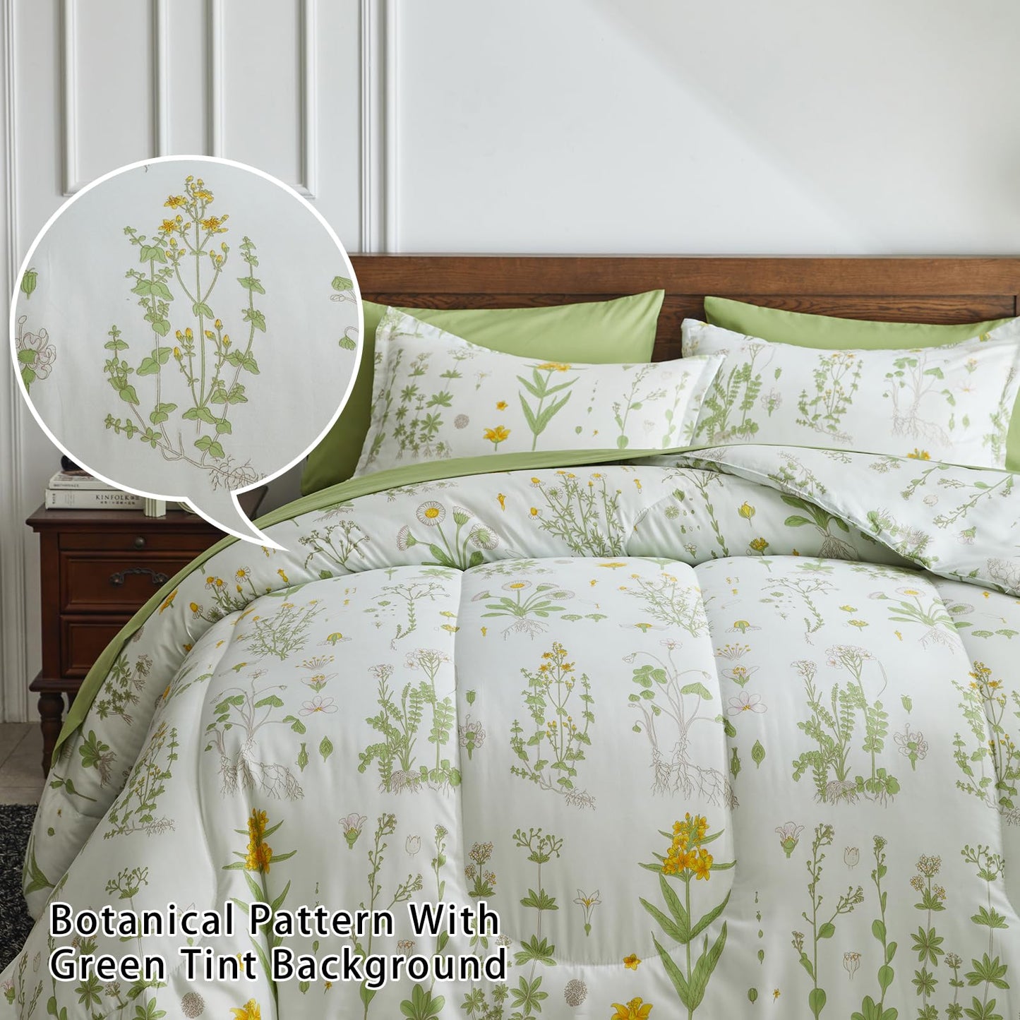 Joyreap 7 Piece Botanical Bed in a Bag Queen, Green Leaves Yellow Flower on Green Tint, Smooth Soft Microfiber Comforter Sheet Set for All Season
