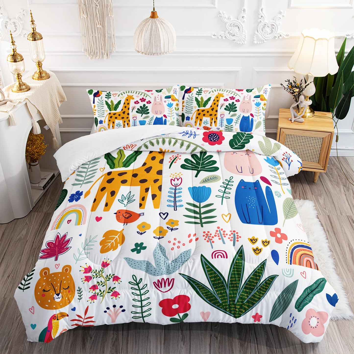 XYNHML Kids Cute Cat Comforter Set Twin Size 3Pcs Cartoon Pet Rainbow Giraffe Fishing Bedding Set Lovely Animal Parrot Flower Quilt Bed Set for Children Girls Boys Room Decor