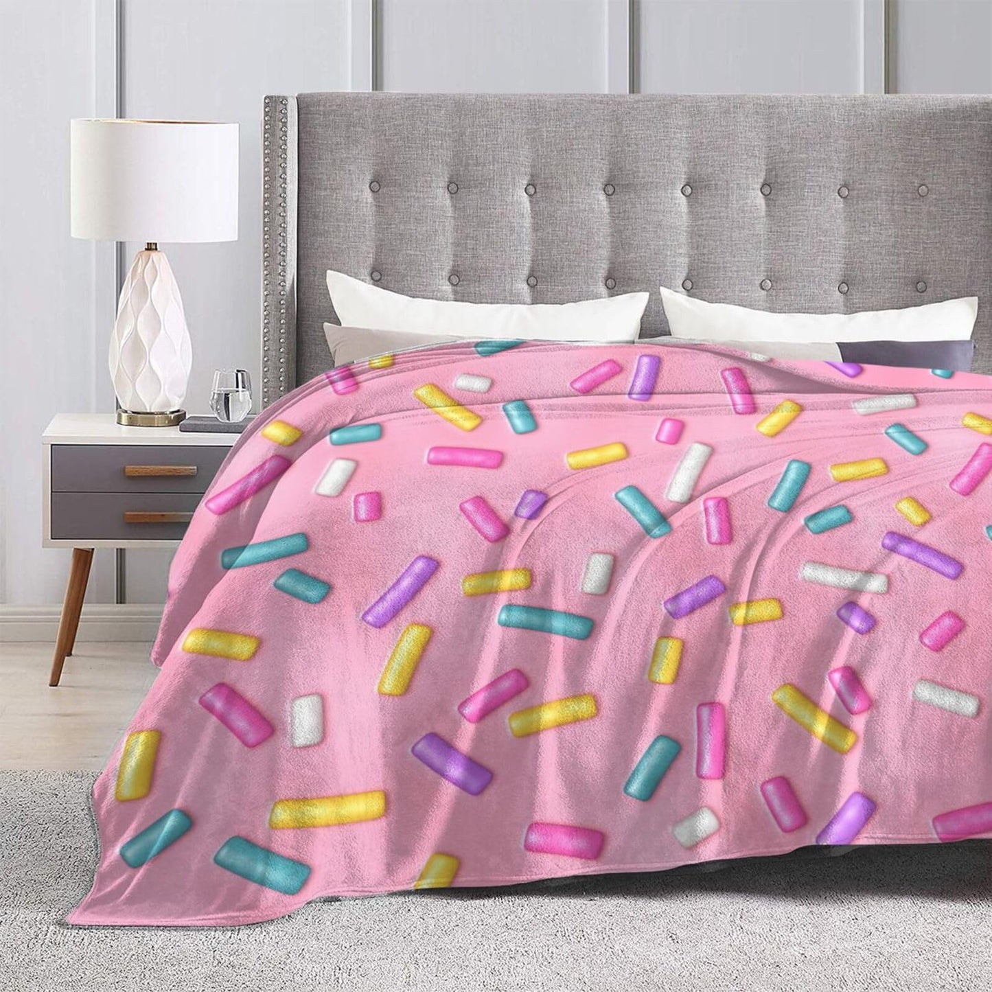 Pink Girly Donut Sprinkles Throw Blanket Super Soft Warm Bed Blankets for Couch Bedroom Sofa Office Car, All Season Cozy Flannel Plush Blanket Gifts for Girls Boys Kids Teens 50"x40"