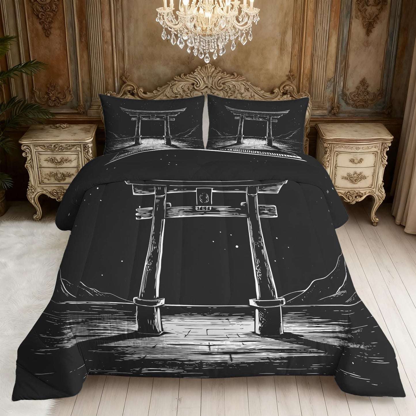 ZDABAOEC Japanese Twin Comforter Set 2 Piece, 1 Pillow Sham, Oriental Asian Japan Torii Gate Reversible Down Alternative All Season Bedding, Soft Microfiber, Japanese Bedroom Decor