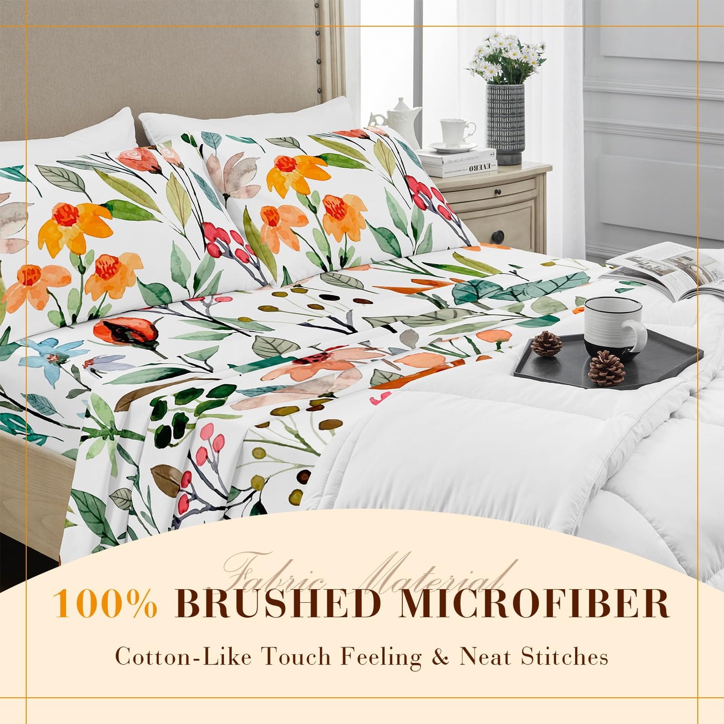 YIYEA Floral Sheets Queen Size, Premium Double Brushed Microfiber Bed Sheet Set for All Season, Soft Breathable, 16" Deep Pocket, Shrinkage and Fade Resistant, 4PC, Queen