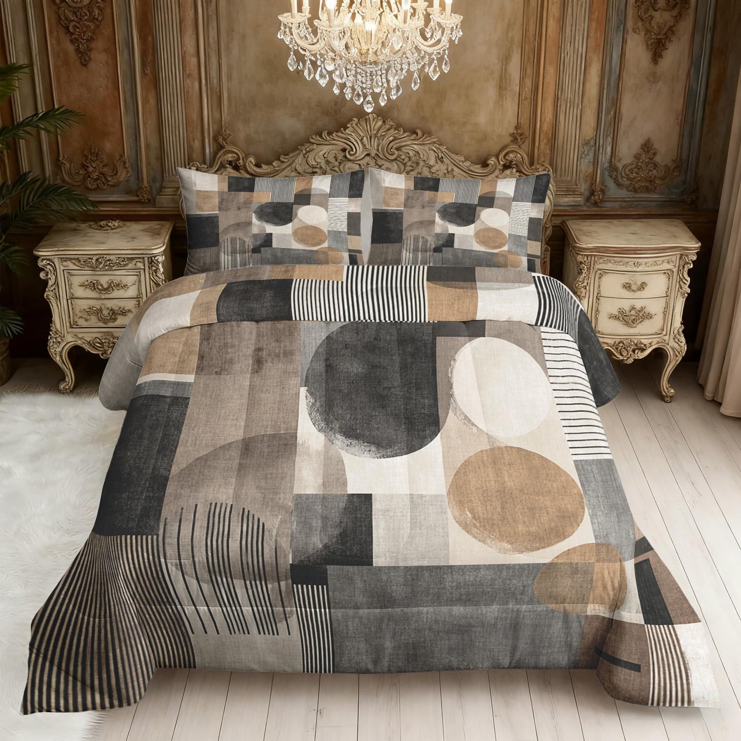 ZDABAOEC Mid Century Modern Queen Comforter Set 3 Piece, 2 Pillow Shams, Abstract Geometric Minimalist Reversible Down Alternative All Season Bedding, Soft Microfiber, Mid Century Bedroom Decor