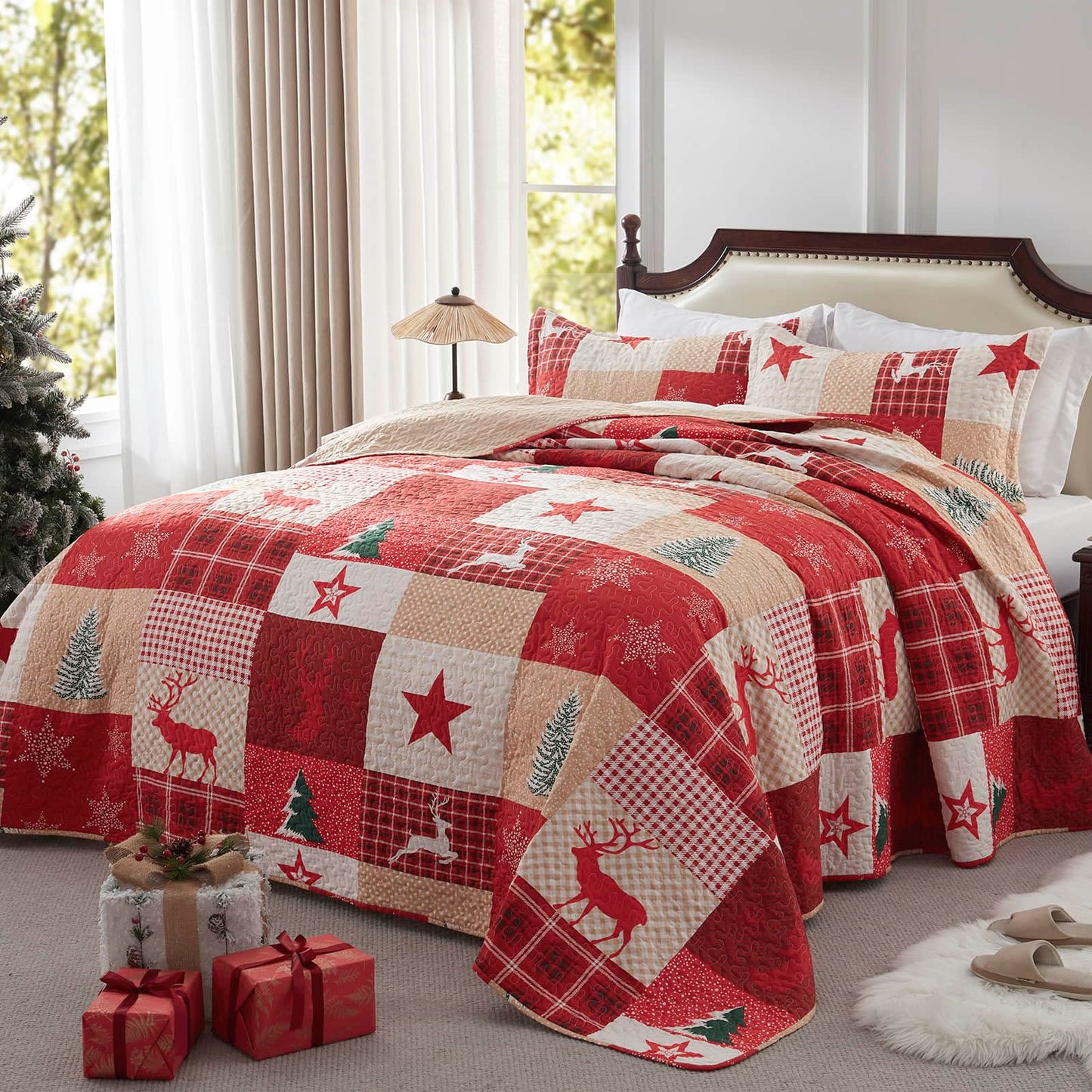 LEAONME Christmas Quilt Set 3-Piece Full Queen Size Bedspread Coverlet 90''x98'' Lightweight Patchwork Oversized Bedding Set with 2 Pillow Shams for All Seasons