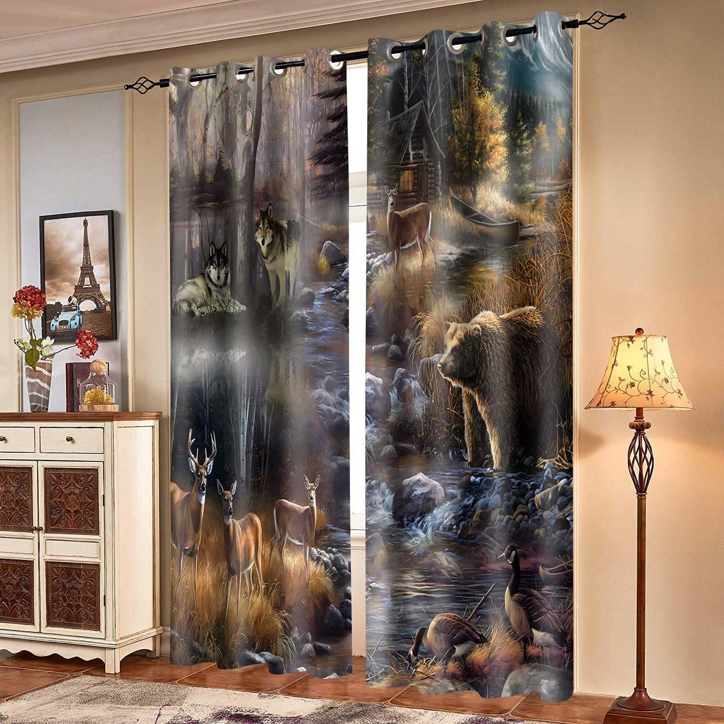 MIZSYE Rustic Lodge Curtains Wildlife Wolf Bear Elk Duck Country Style Blackout Curtain Forest River Nature Landscape Zoo Window Treatments for Bedroom Living Room 2 Panel 42x84inch CLDWMS0235
