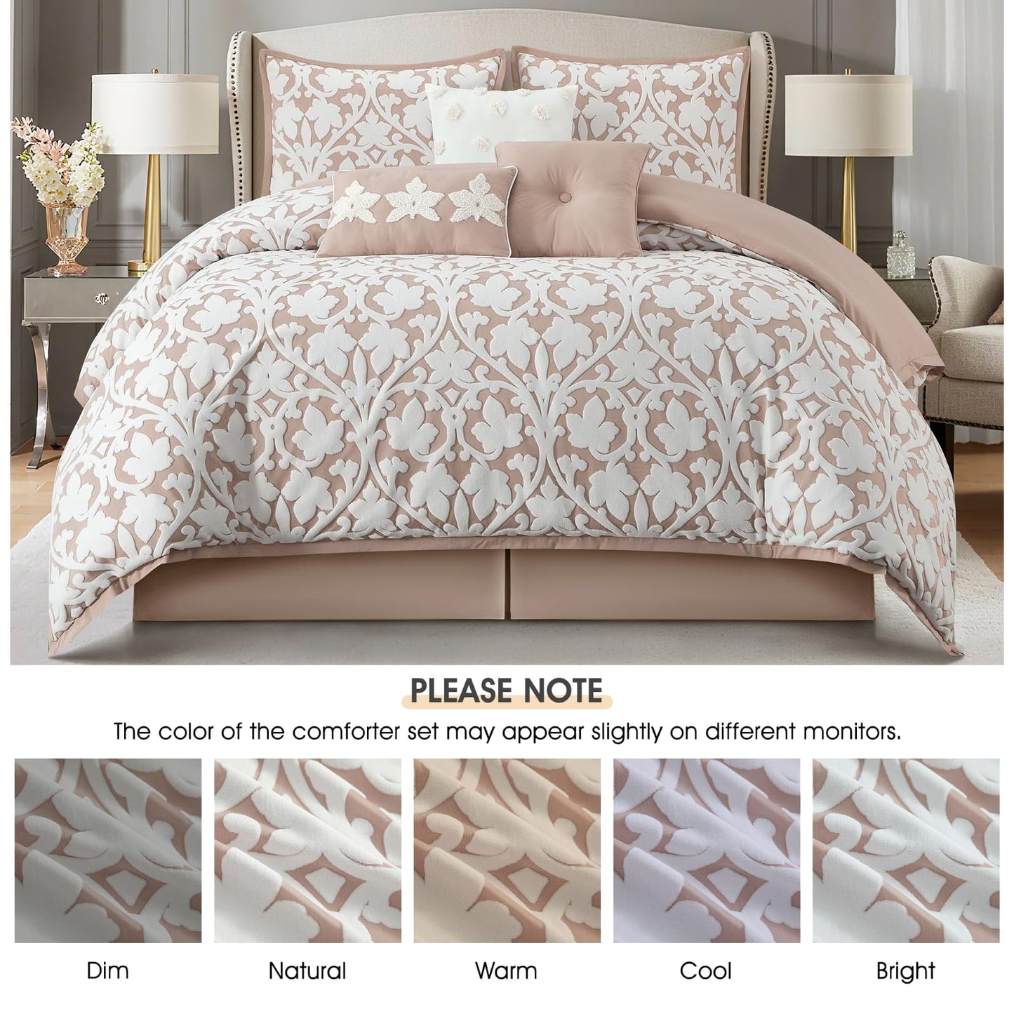 LANCO MODERN LIFESTYLE 7 Pieces Comforter Set, King, Blush, Jacquard Floral Pattern and Classy Damask Medallion Design, Ultra Soft, Includes Bed Skirt, Shams, and Decorative Pillows