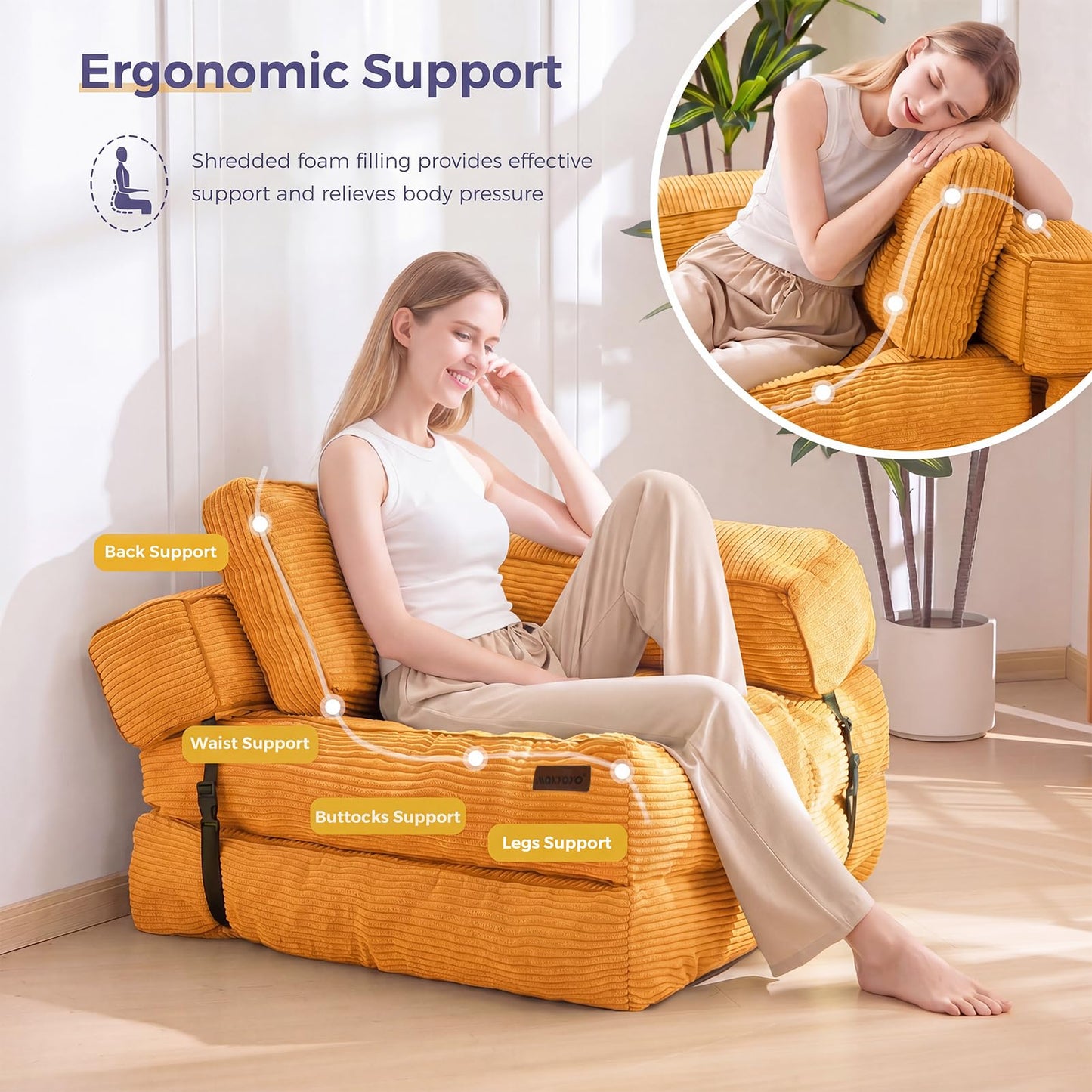 MAXYOYO Folding Sofa Bed, L-Shaped Convertible Sofa Bed Foldable Couch with Pillow, Portable Fold Out Chair Lounge for Living Room Bedroom, Orange