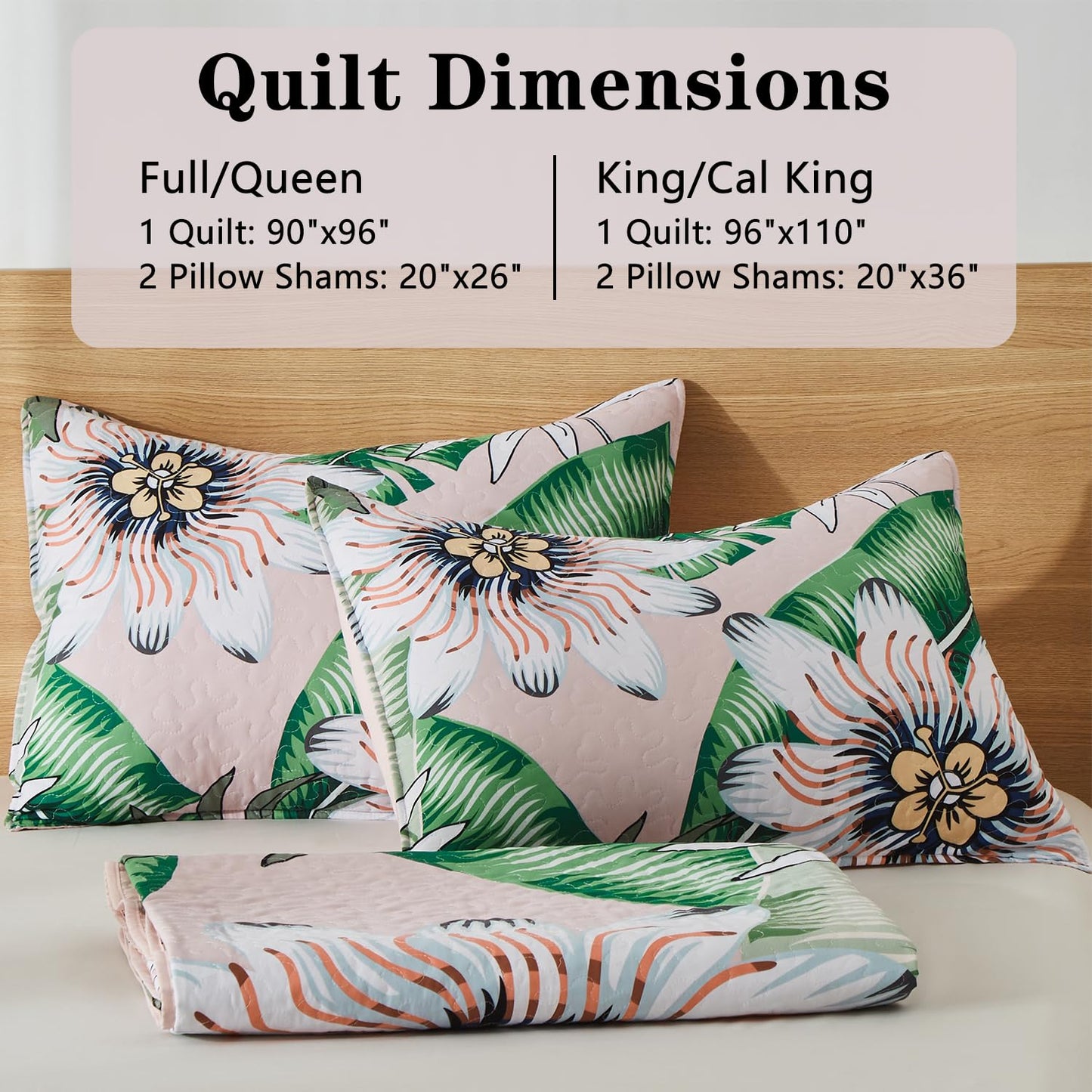 Yogeneg King Quilt Bedding Set,White Green Botanical Pattern Blush King/Cal King Quilt Set,3 Piece Lightweight Soft Summer Bedspread Coverlet with 2 PIillow Shams,All Season(Blush,110"x96")