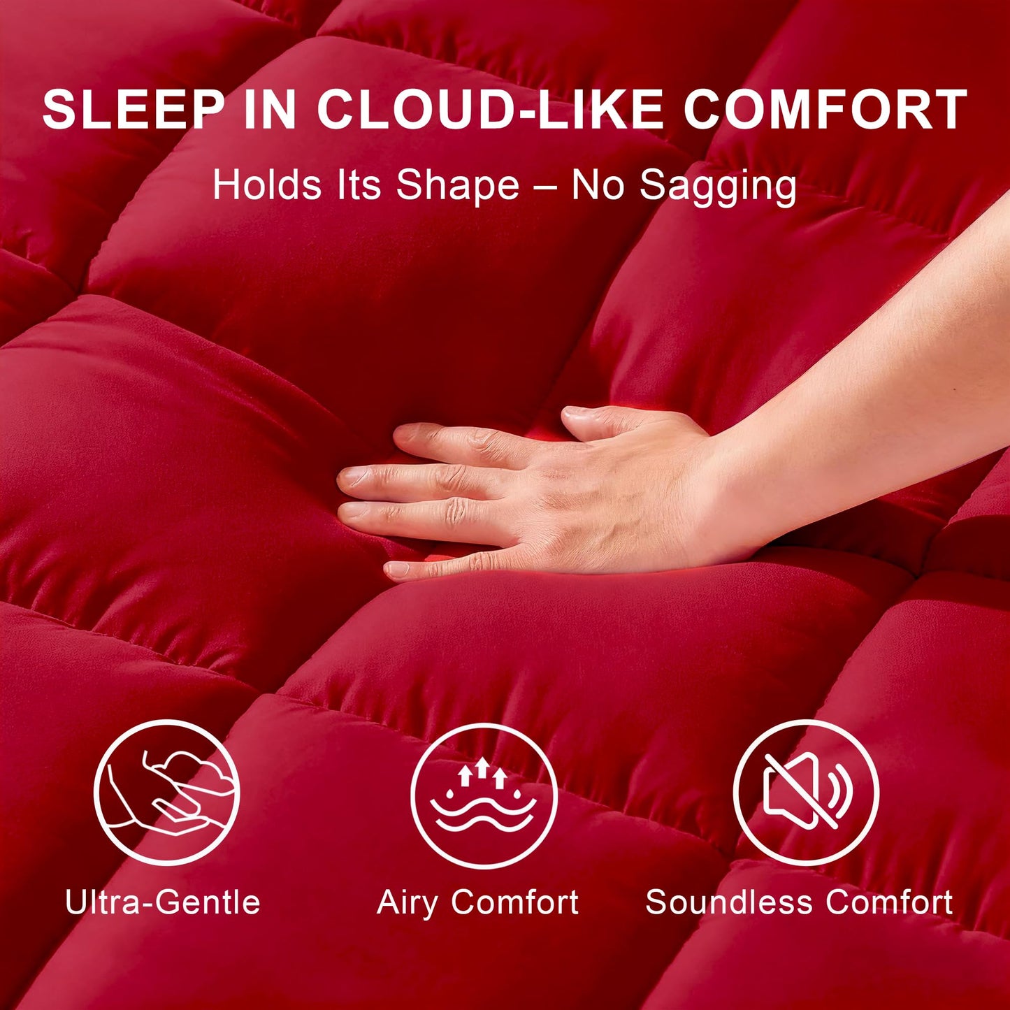 WQSPRING Quilted Mattress Pad Pillow Top Mattress Cover Protector Cooling Soft for Breathable Padded Deep Pocket 8-21 Fitted Supportive(Red,King Size)