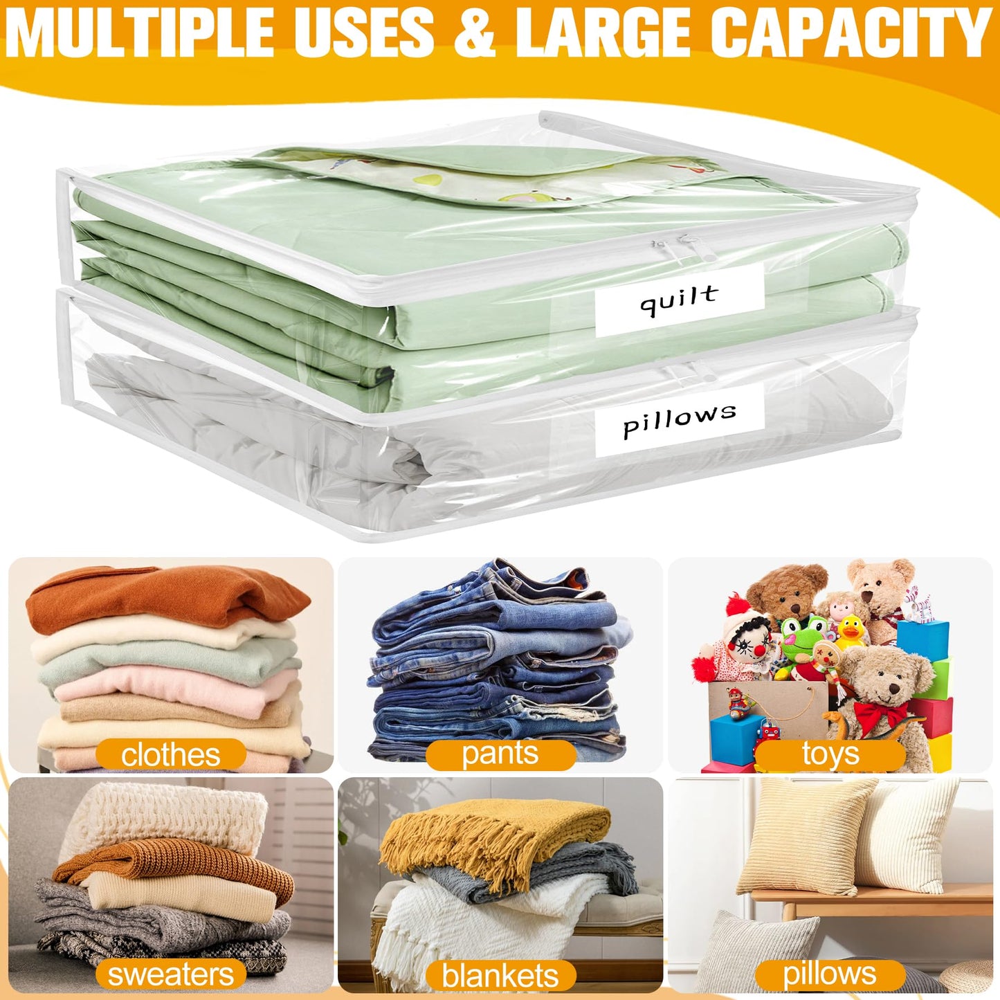 Plastic Storage Bags with Easy-Glide Zipper, Pack of 6, Durable Clear Vinyl Zippered Storage Bags for Clothes Sweaters Comforters Blankets Sheets Bedding (10.5 x 10.5 x 2.5 Inch, White)