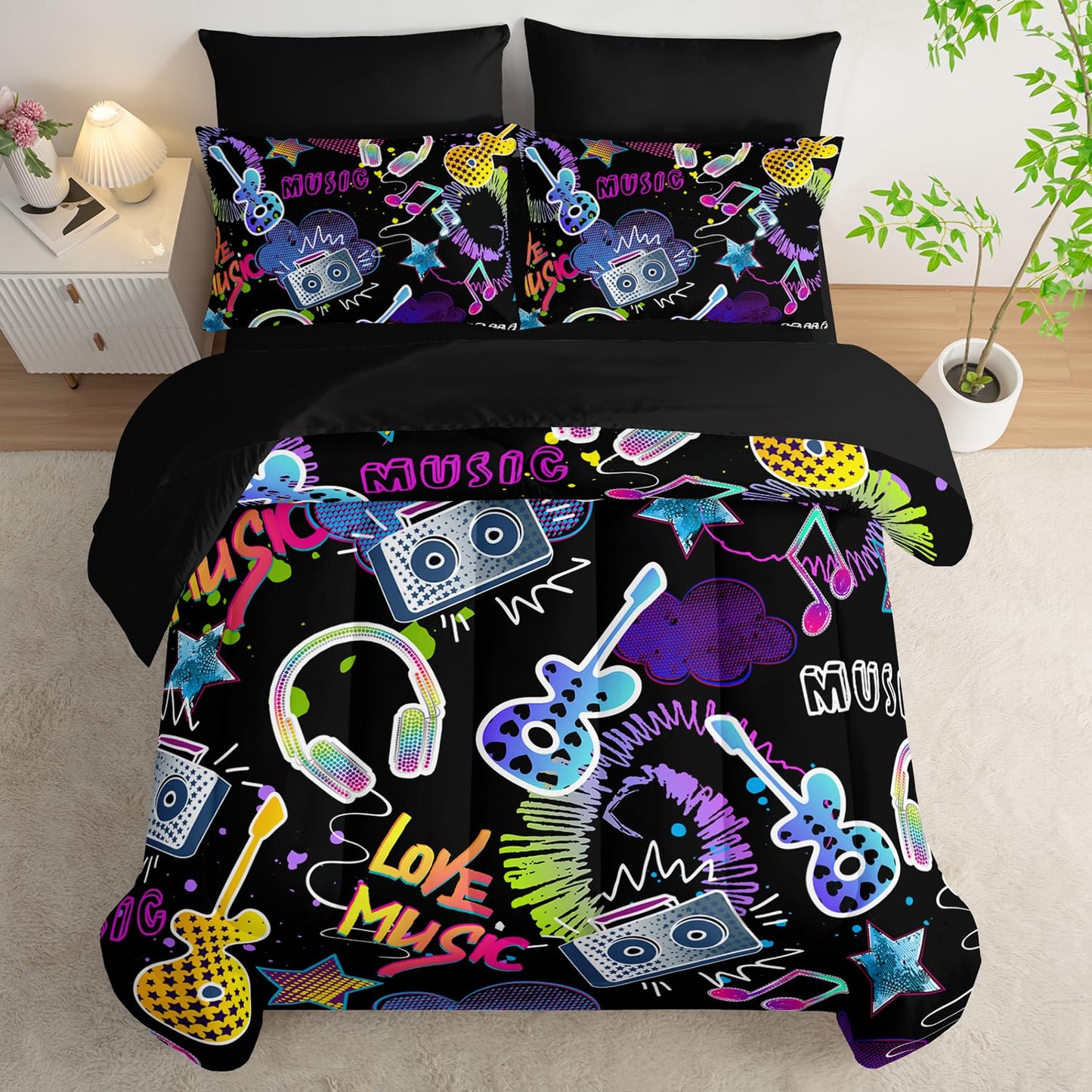 XYNHML Colorful Guitar Comforter 7Pcs Musical Note Headphone Radio Star Bedding Set for Kid Teen Girl Boy Adult Cartoon Rock Music Quilt Bed Set Twin with 2 Sheets,2 Pillowcases,2 Throw Pillow Covers