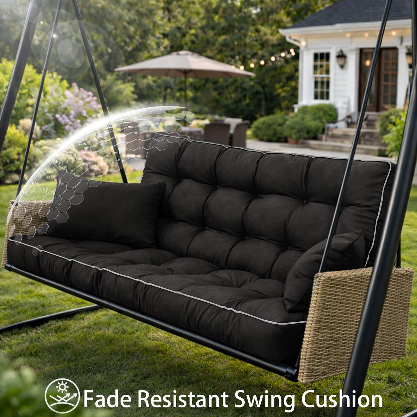 Kerkrot Porch Swing Cushions, Waterproof & Fade Resistant Outdoor Swing Cushion 55 Inch, Swing Cushions 3 Seater Replacement for Outdoor Furniture, Patio, Garden (Black, 55 x 40 inch)