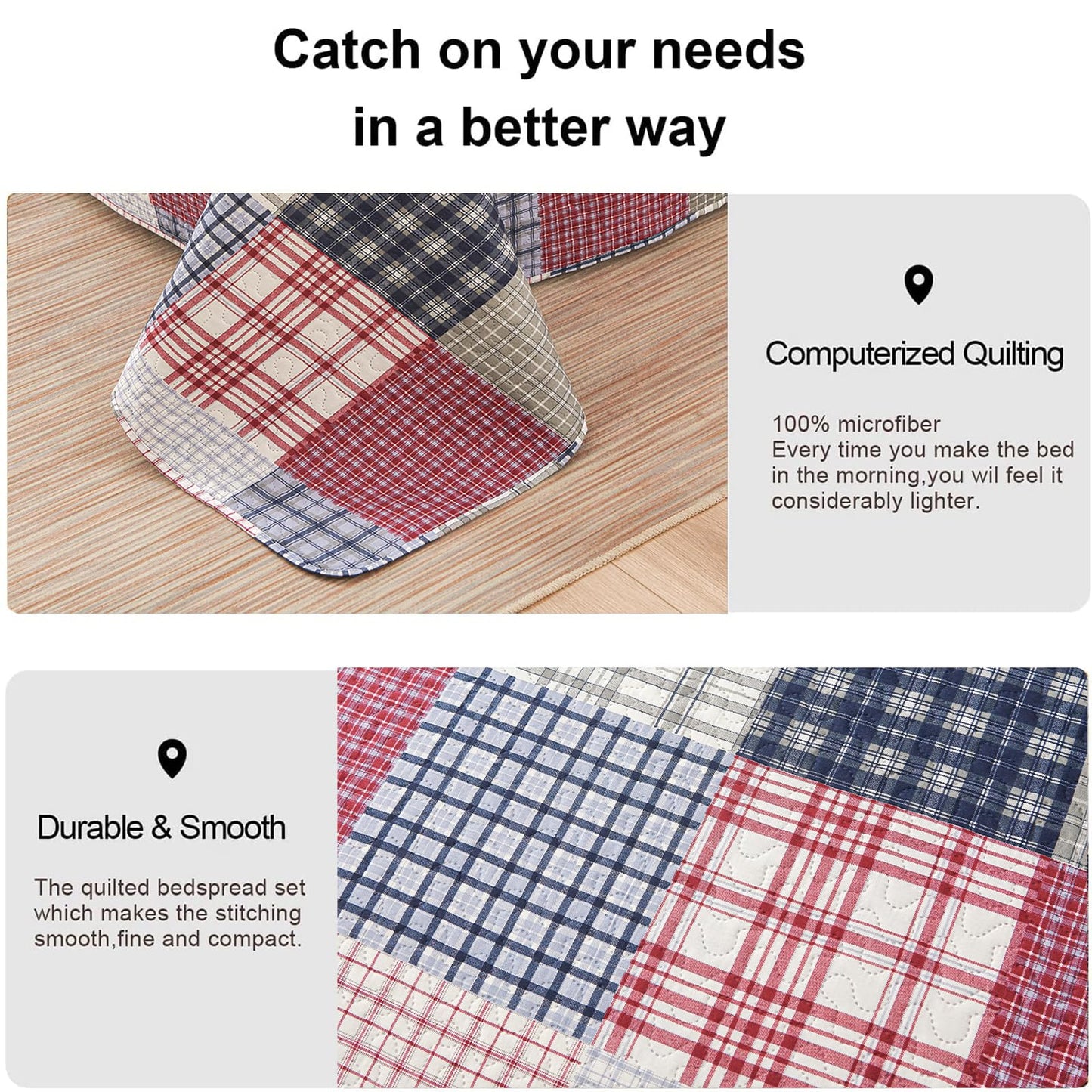 Plaid Quilt Set - Queen Size Patchwork Bedspread and Coverlet - Reversible, Soft Microfiber - All Season Boys Mens Bedspread in Red, Blue, White
