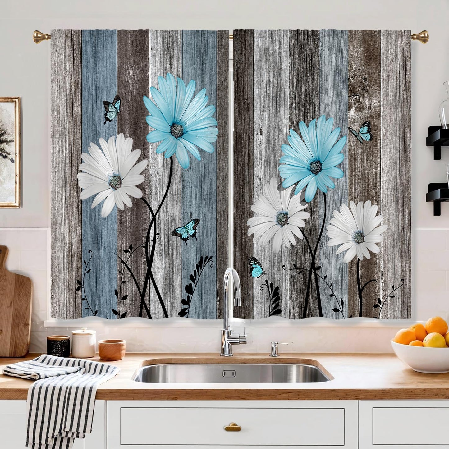 Cizuug Blue Farmhouse Daisy Kitchen Curtains Wooden Flower Small Short Cafe Window Curtains Rustic Floral Butterfly Country Bathroom Drapes Treatment Tier Curtains 2 Panels