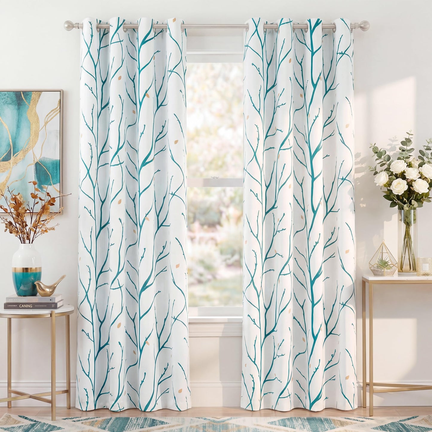NICETOW Twisted Branch Room Darkening White Curtains, Thermal Insulated Grommet Decorative Curtain Drapes with Flower Petals Light Blocking for Living Room/Bedroom, Teal, W52 x L84, 2 Panels