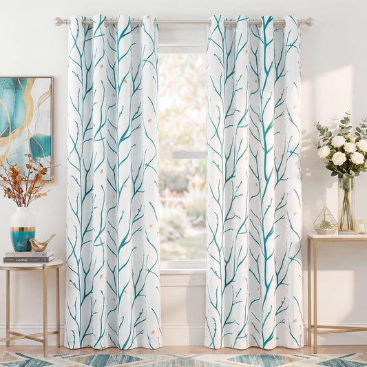 NICETOW Twisted Branch Room Darkening White Curtains, Thermal Insulated Grommet Decorative Curtain Drapes with Flower Petals Light Blocking for Living Room/Bedroom, Teal, W52 x L84, 2 Panels