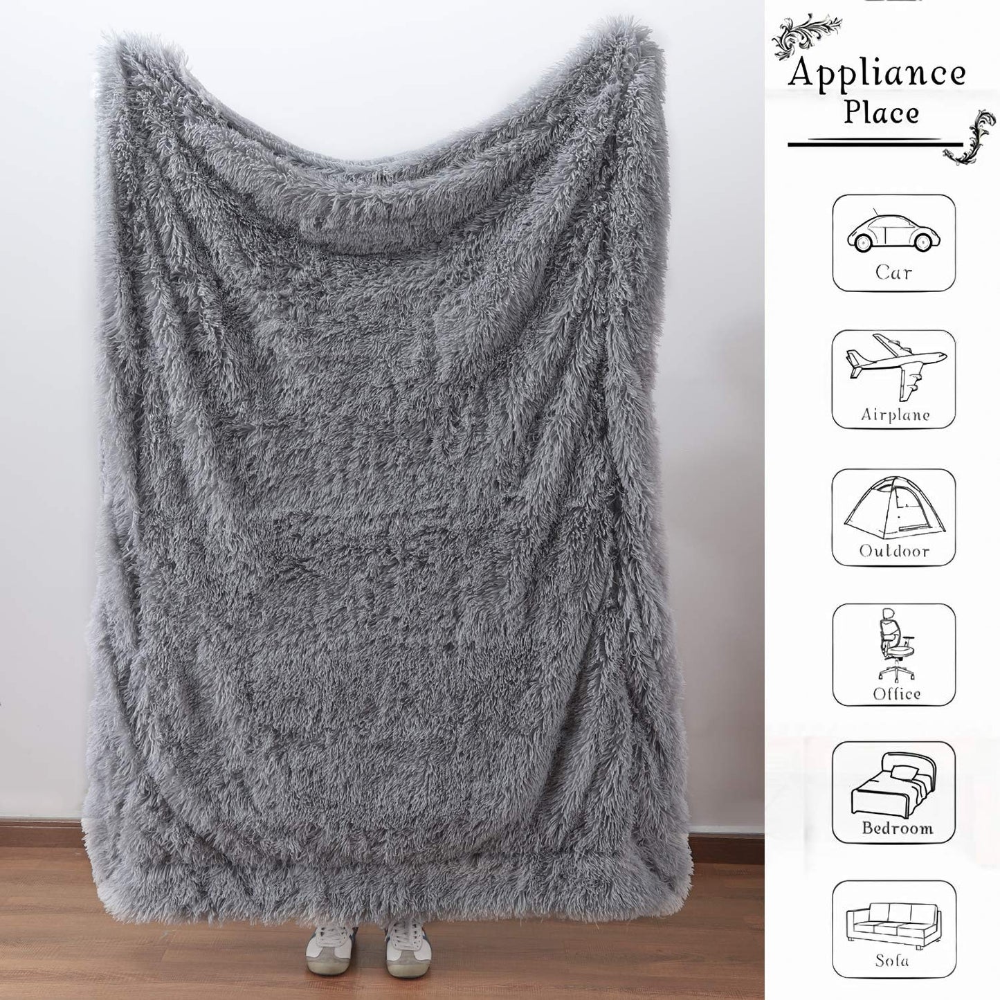 YOH Warm Shaggy Sherpa Reversible Throw Blanket, Fluffy Soft Long Hair Fuzzy Faux Fur Grey Blanket for Man and Woman Couch Bed Sofa Photo Props Home Decorative Throws, (60x50 Inches) Grey